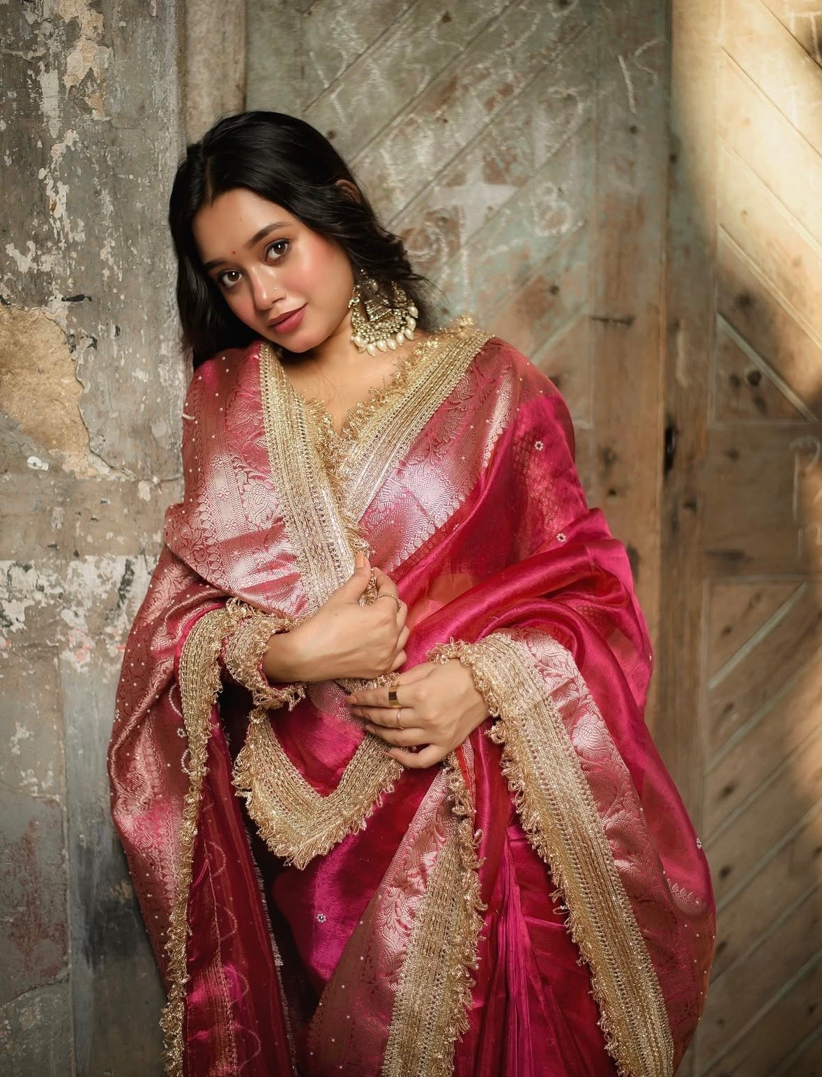 EXCLUSIVE HOT RANI SHADE SOFT TISSUE SILK SAREE DESIGNER HAND STONE WORK WITH LACE ATTACHED