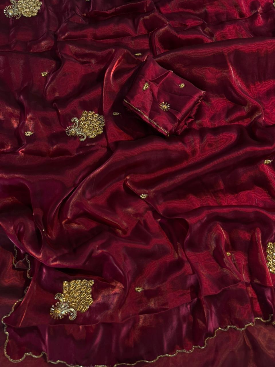 PREMIUM RED SHADE SHIMMERY TISSUE SILK HAND WORK CUTDANA SAREE