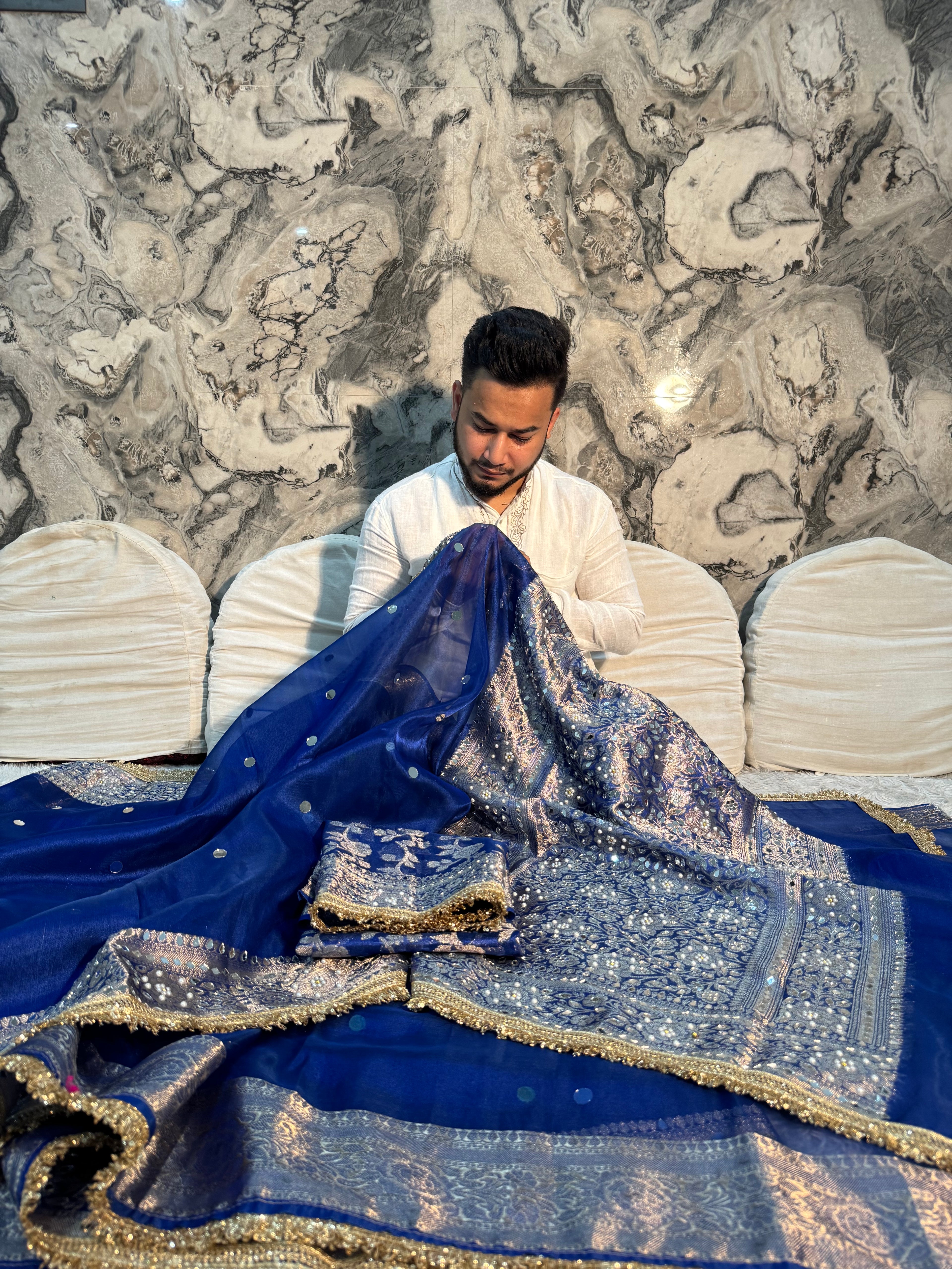 EXCLUSIVE ROYAL BLUE SHADE SOFT TISSUE SILK MIRROR WORK DESIGNER SAREE