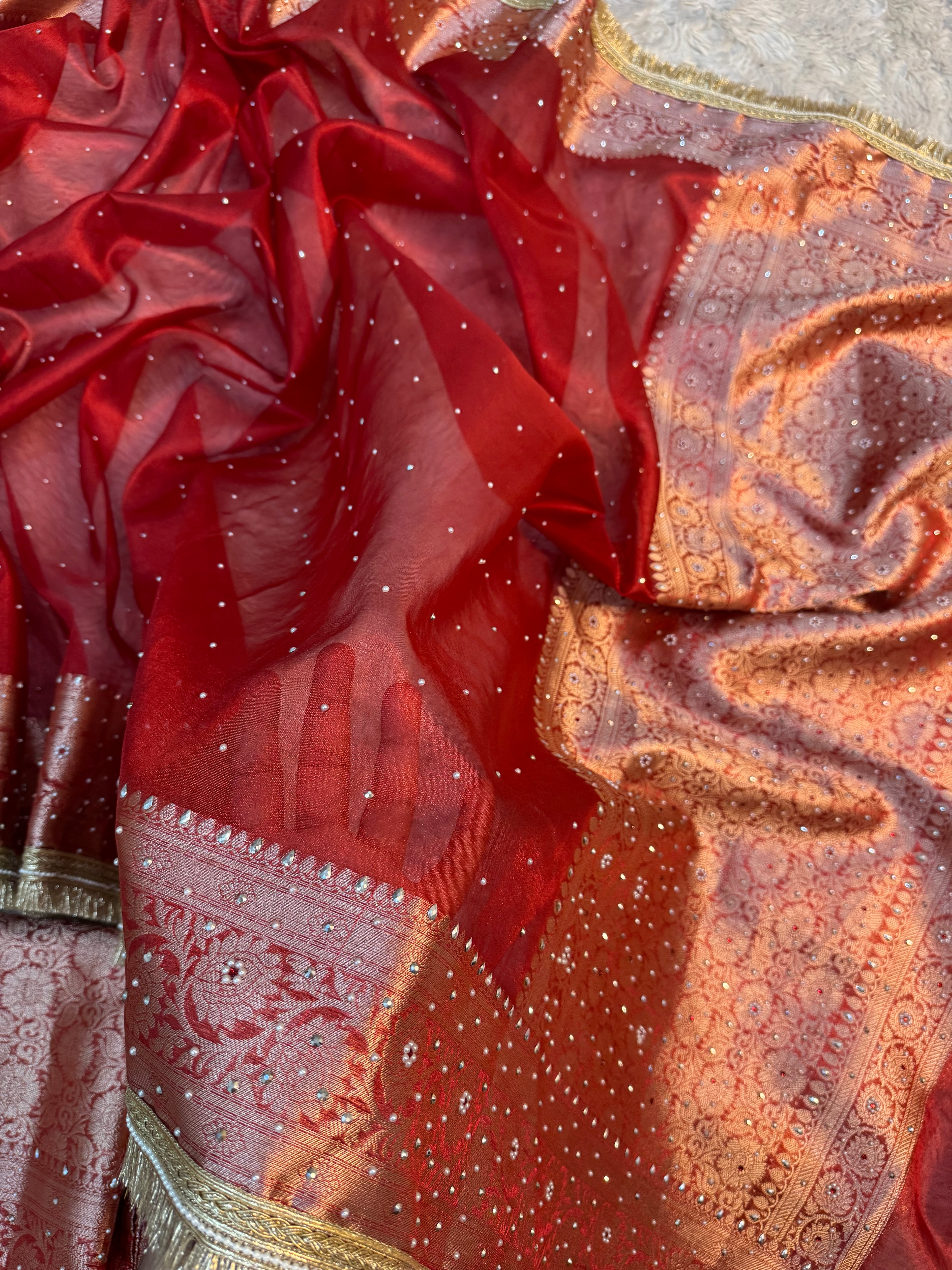PREMIUM BRIDAL RED SOFT TISSUE SILK STONE WORK DESIGNER SAREE