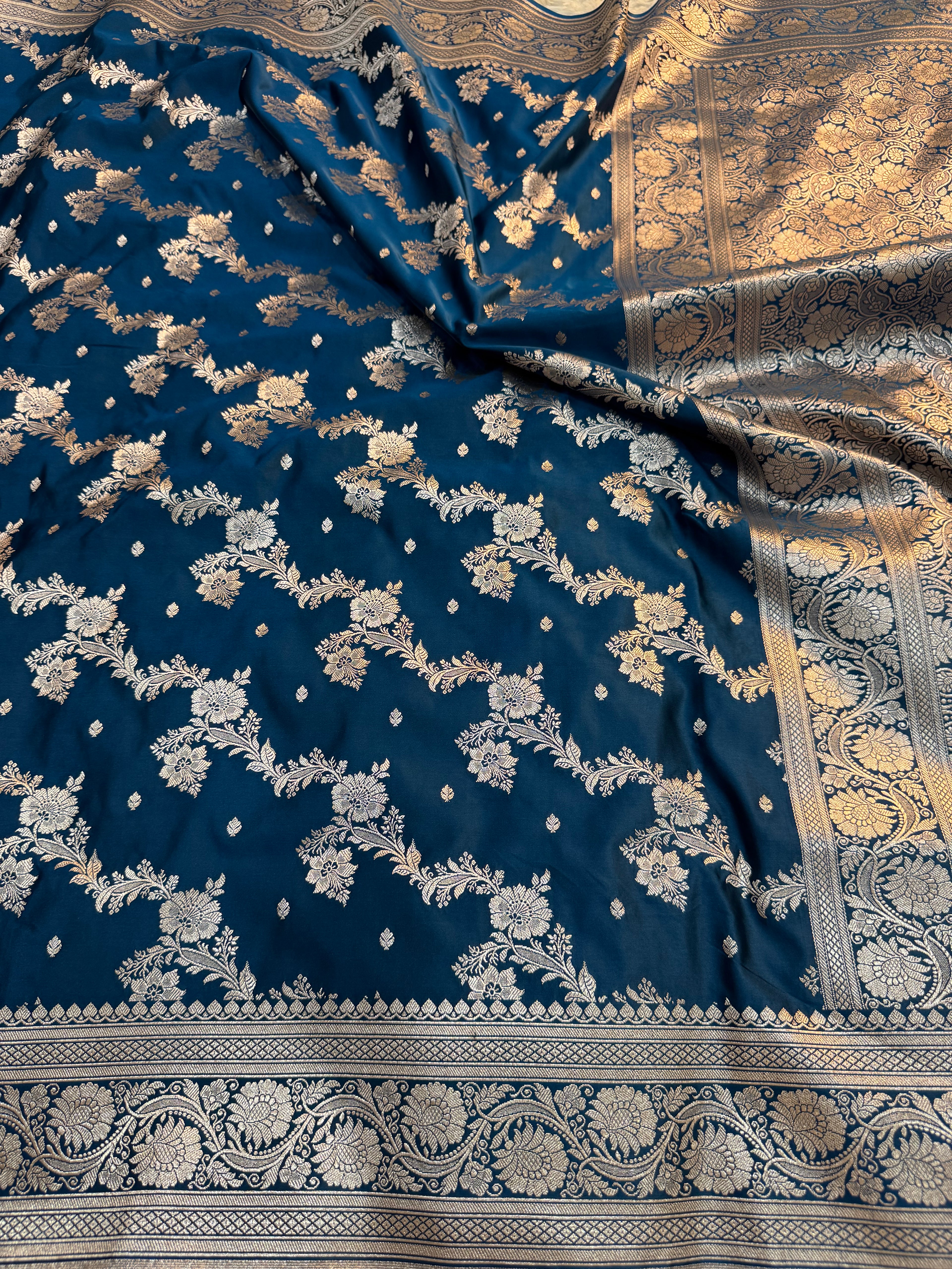 PREMIUM GERMAN BLUE SHADE SATIN MASHRU KATAN SILK SAREE