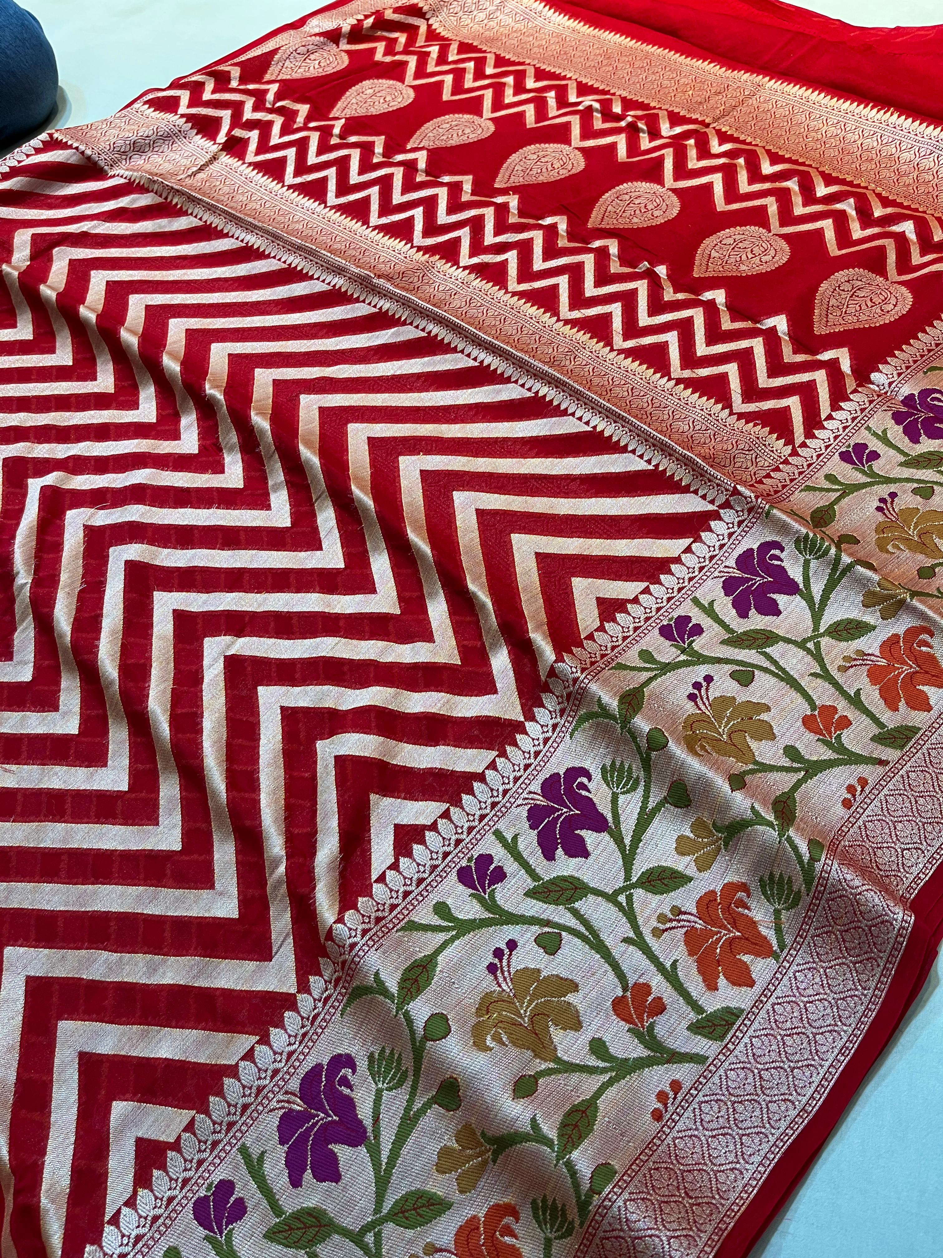 PREMIUM RED SHADE PURE KHADDI GEORGETTE SILK SAREE WITH BEAUTIFUL HAND-BRUSH