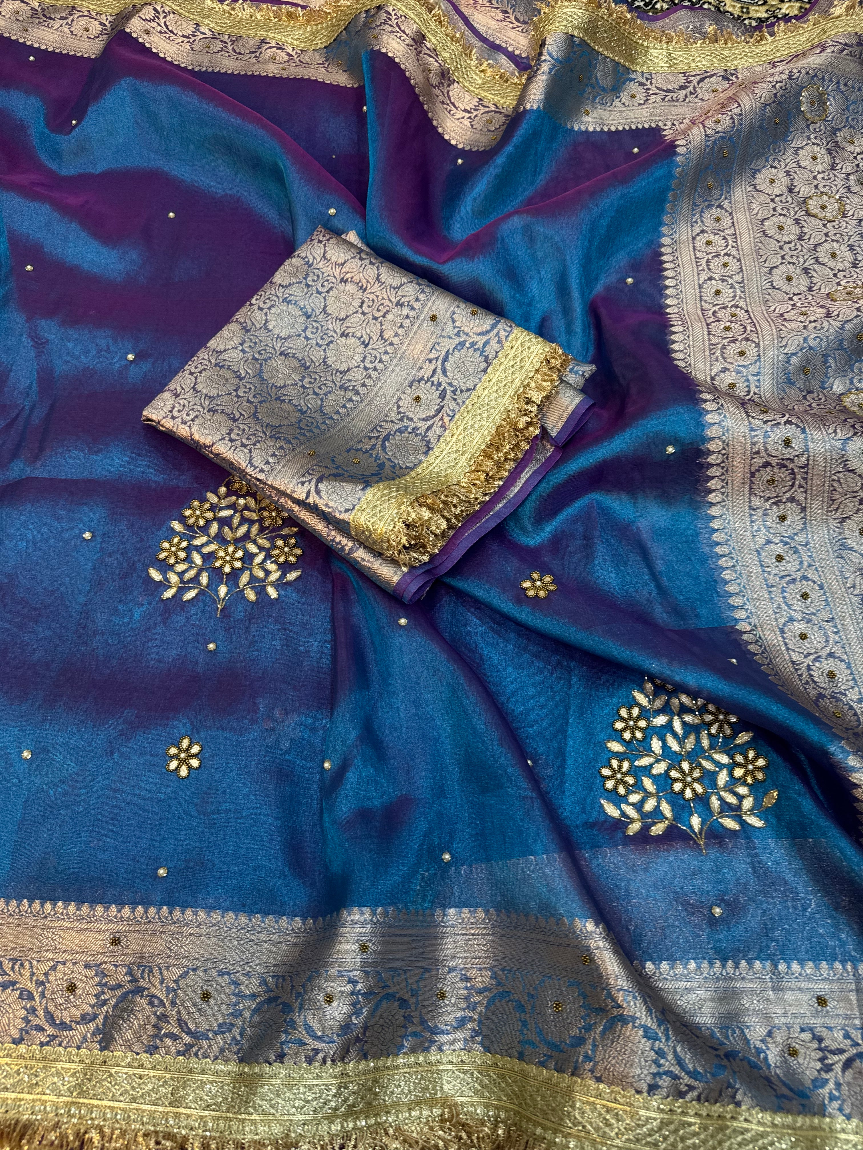 DHOOP CHAON SHADE FIROZI BLUE  AND RANI SOFT TISSUE SILK SAREE WITH PREMIUM ZARDOZI DESIGNER SAREE