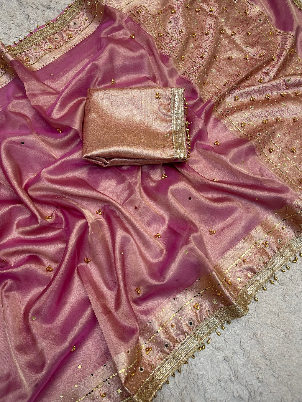 PREMIUM BABY PINK SHADE SOFT BANARASI TISSUE SILK GHUNGROO WORK WITH MIRROR WORK DESIGNER SAREE