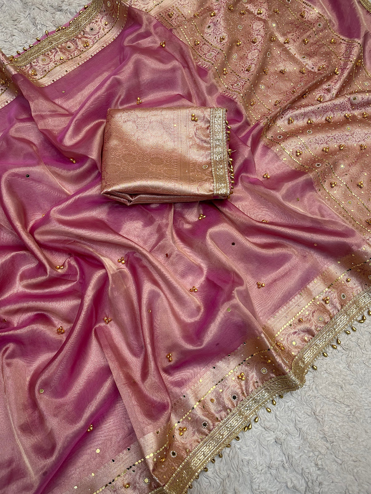 PREMIUM BABY PINK SHADE SOFT BANARASI TISSUE SILK GHUNGROO WORK WITH MIRROR WORK DESIGNER SAREE