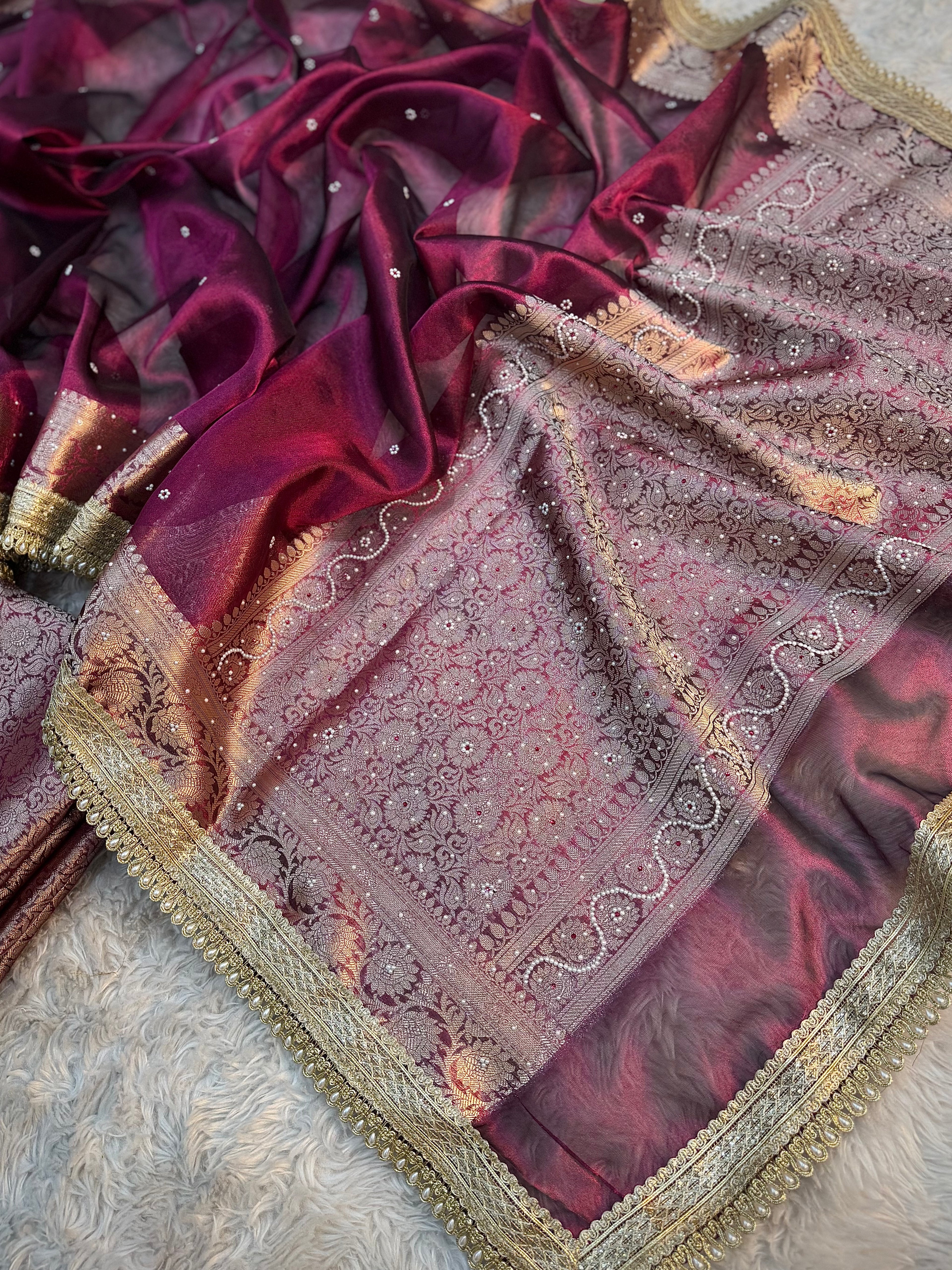 EXCLUSIVE HOT WINE SHADE SOFT TISSUE SILK SAREE DESIGNER HAND STONE WORK WITH LACE ATTACHED