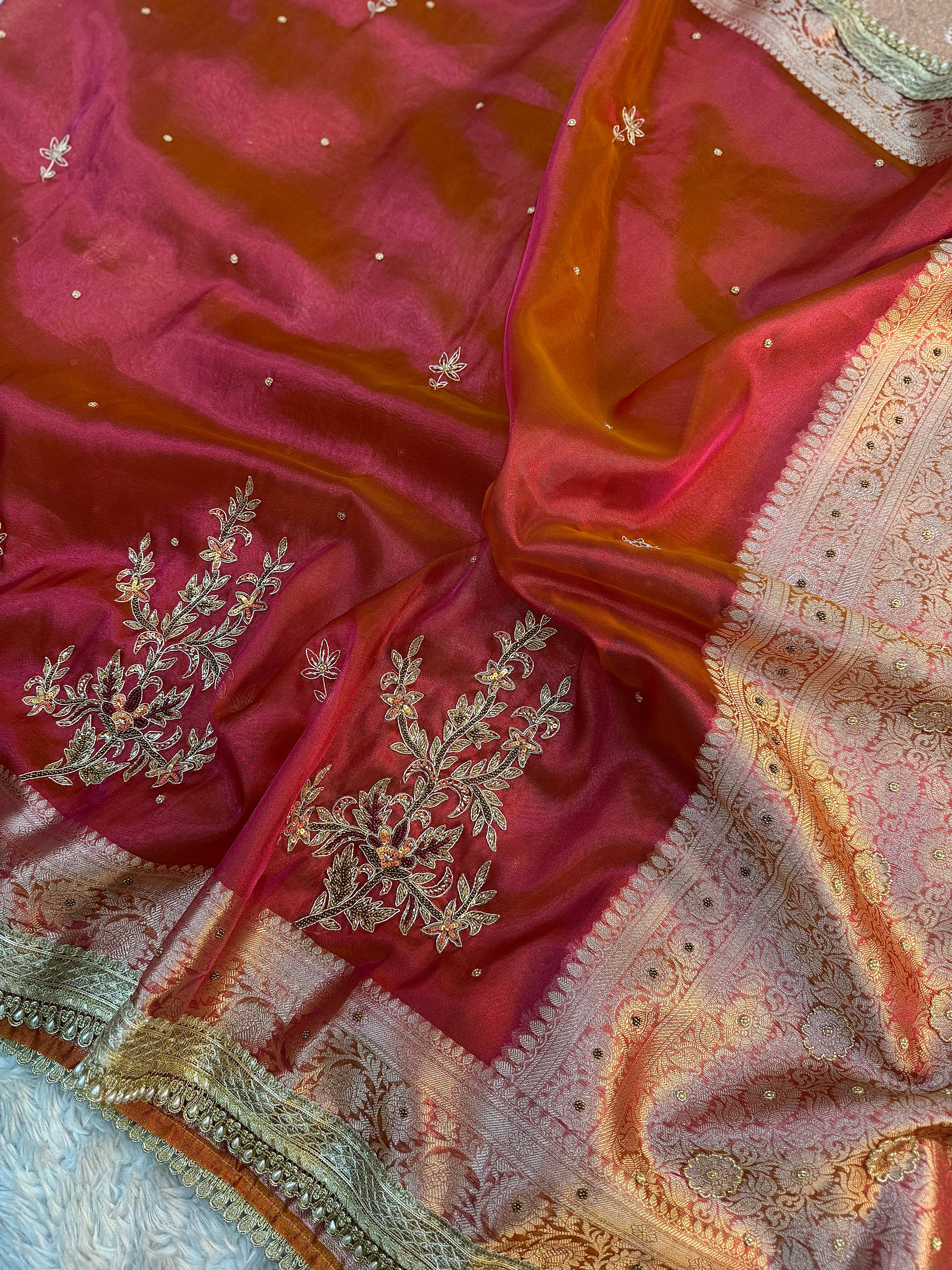 LUXURIOUS ORANGE PINK  SHADE SOFT TISSUE SILK SAREE WITH PREMIUM ZARDOZI AND LACE WORK