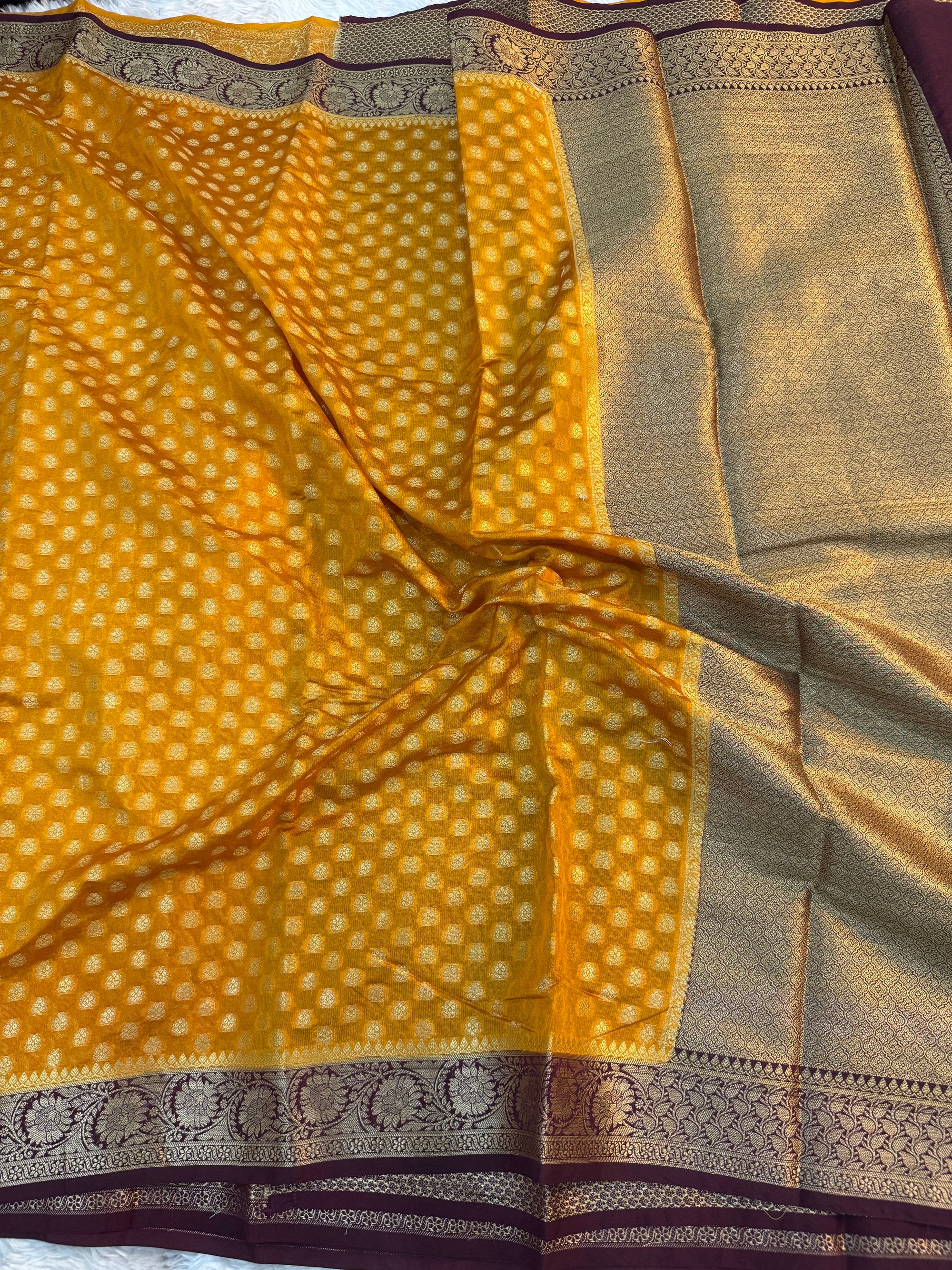 MUSTARD YELLOW AND WINE SHADE GEORGETTE BANARASI SAREE