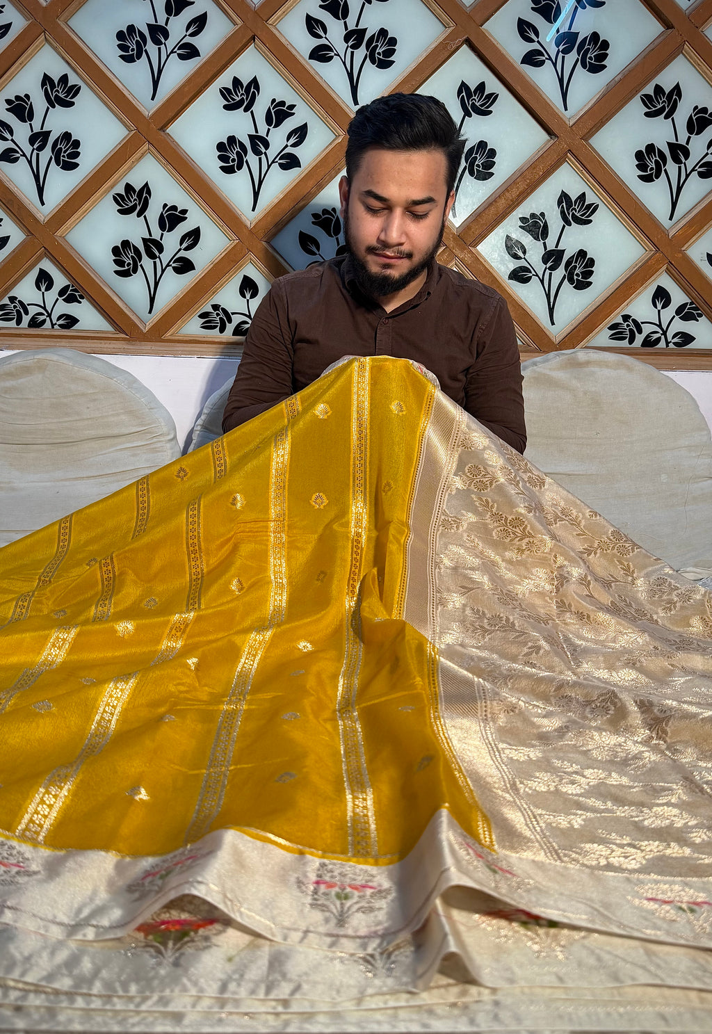 PREMIUM YELLOW WITH IVORY SHADE BANARASI VISCOSE SILK WITH SATIN BORDER