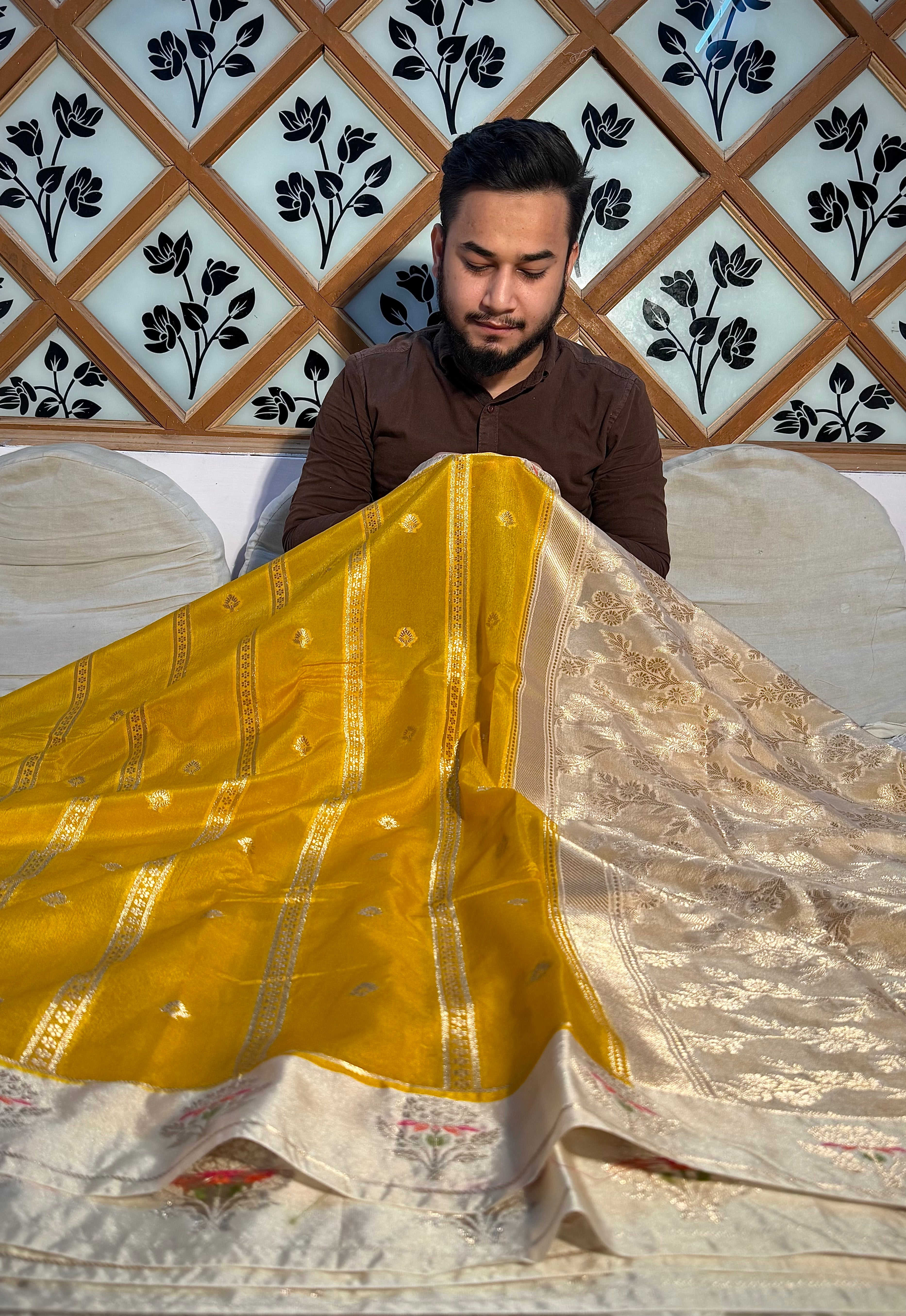 PREMIUM YELLOW WITH IVORY SHADE BANARASI VISCOSE SILK WITH SATIN BORDER