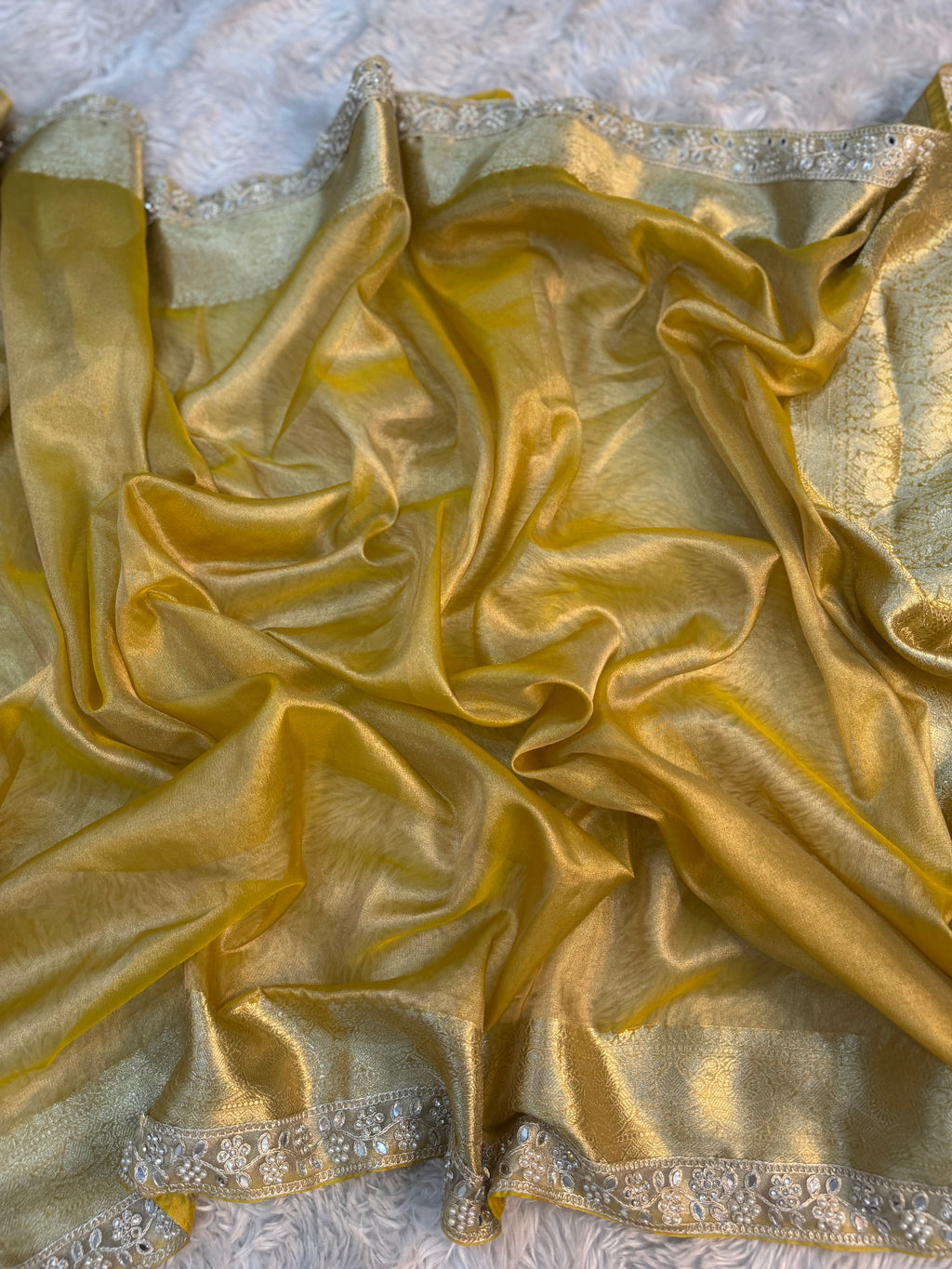 PREMIUM YELLOW SHADE SOFT TISSUE SILK SAREE WITH MOTI LACE ATTACHED