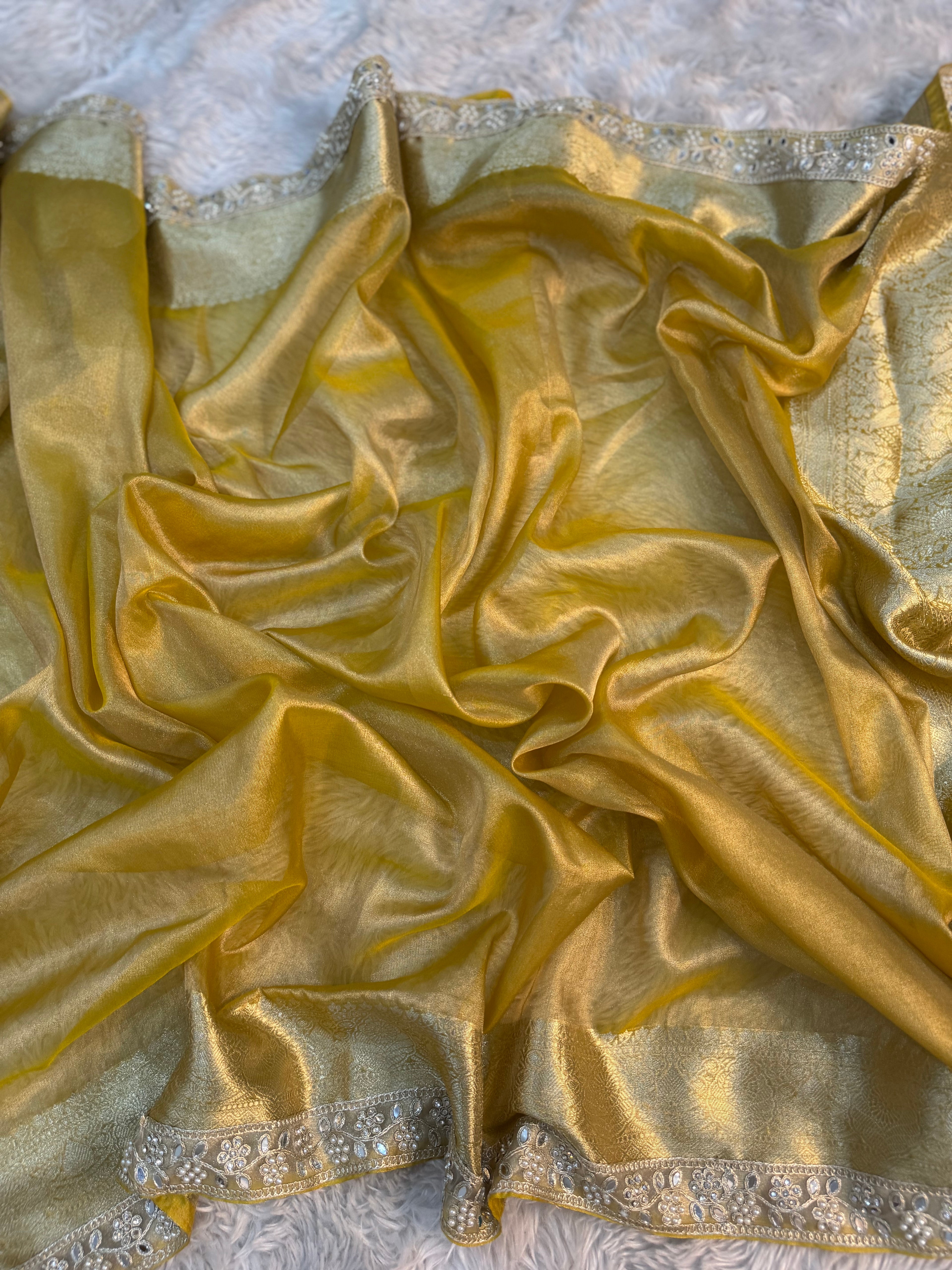 PREMIUM YELLOW SHADE SOFT TISSUE SILK SAREE WITH MOTI LACE ATTACHED