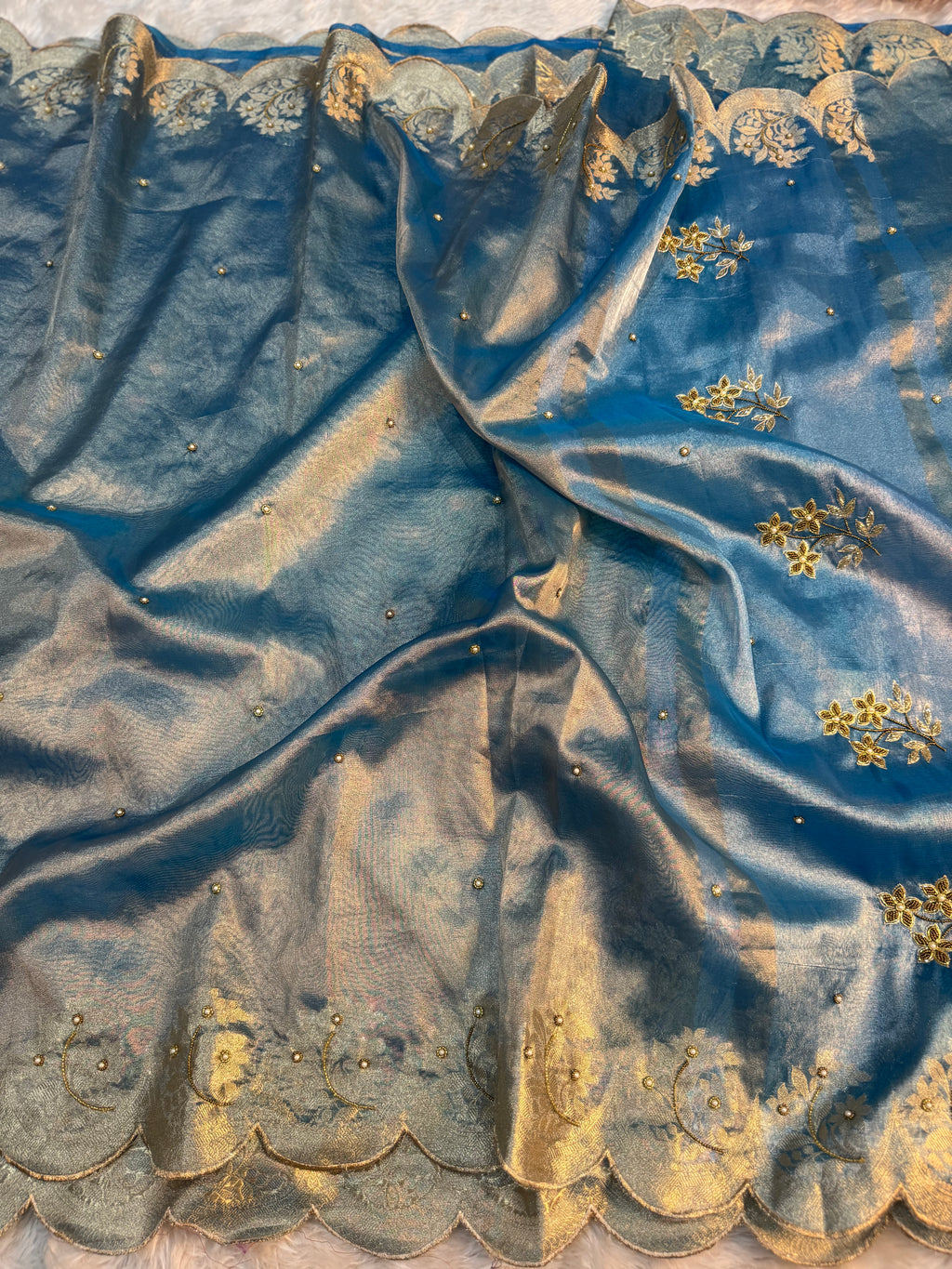 PREMIUM AQUA BLUE SHADE HANDWORK TISSUE SILK CUTWORK SAREE