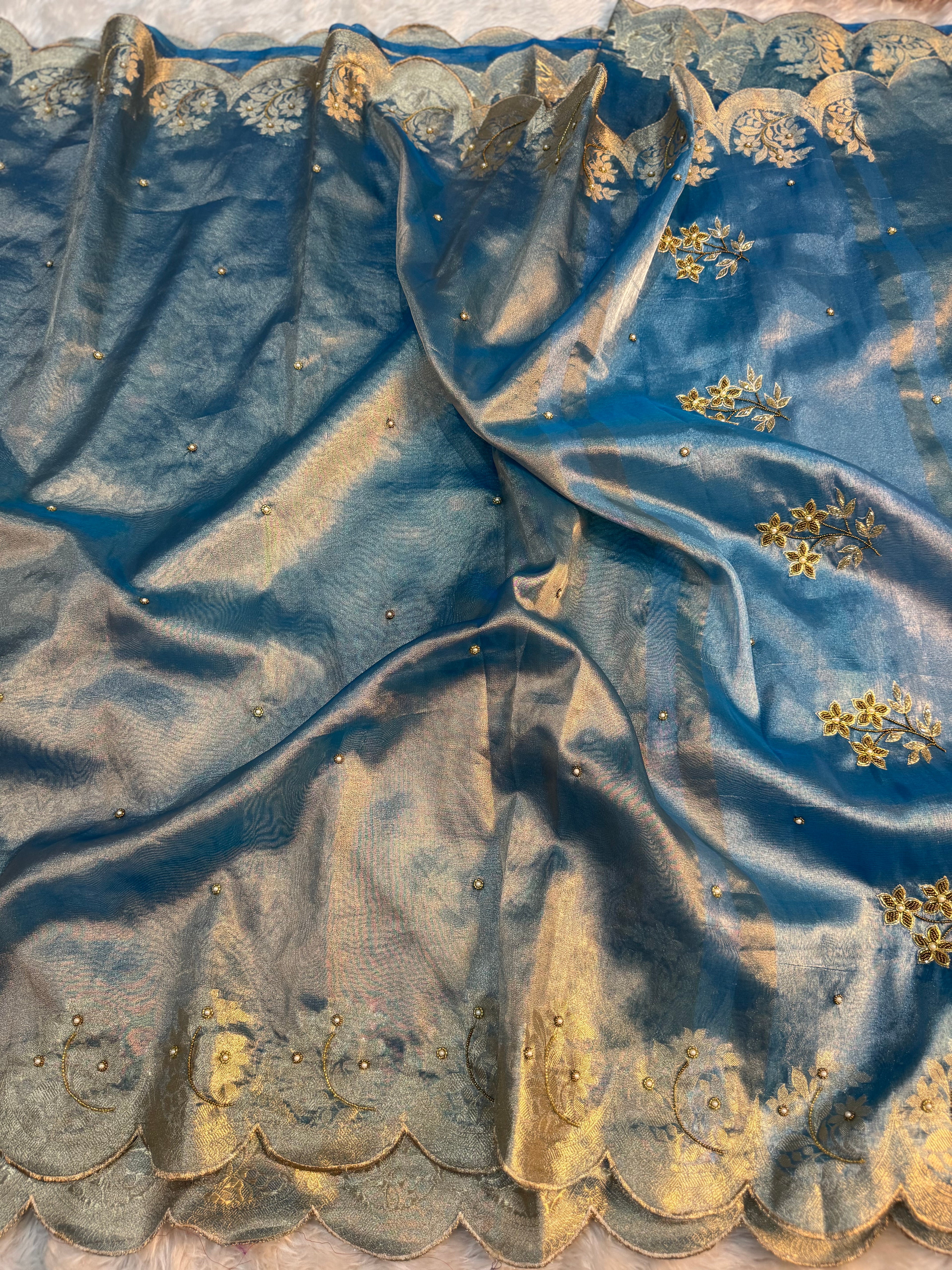 PREMIUM AQUA BLUE SHADE HANDWORK TISSUE SILK CUTWORK SAREE