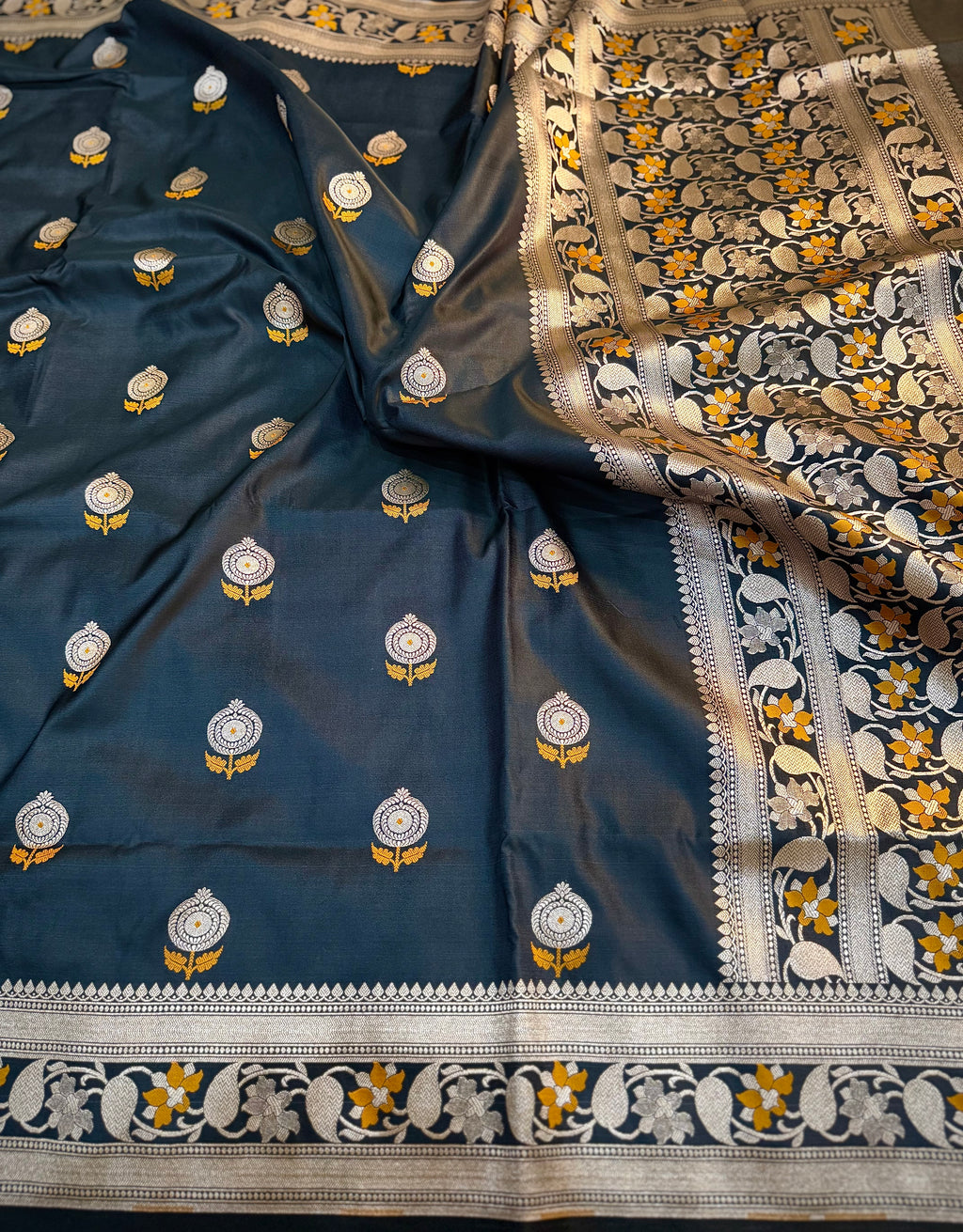 PREMIUM BLACK SHADE SATIN MASHRU KATAN SILK MEENAKARI SAREE