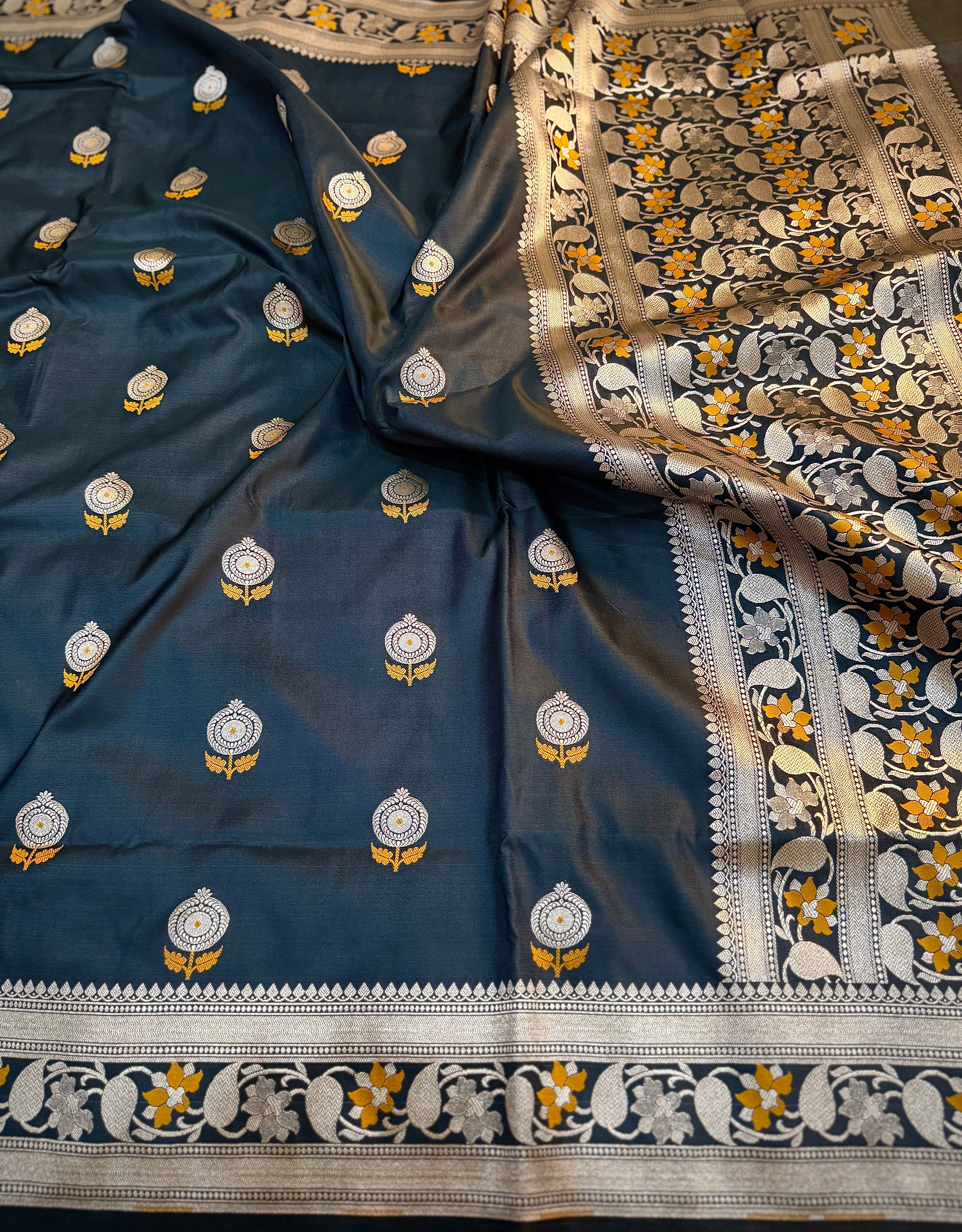 PREMIUM BLACK SHADE SATIN MASHRU KATAN SILK MEENAKARI SAREE
