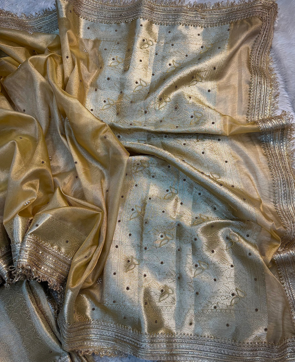 LUXURIOUS CLASSY BEIGE SHADE SOFT TISSUE SILK WITH PREMIUM HAND EMBROIDERY AND LACE WORK