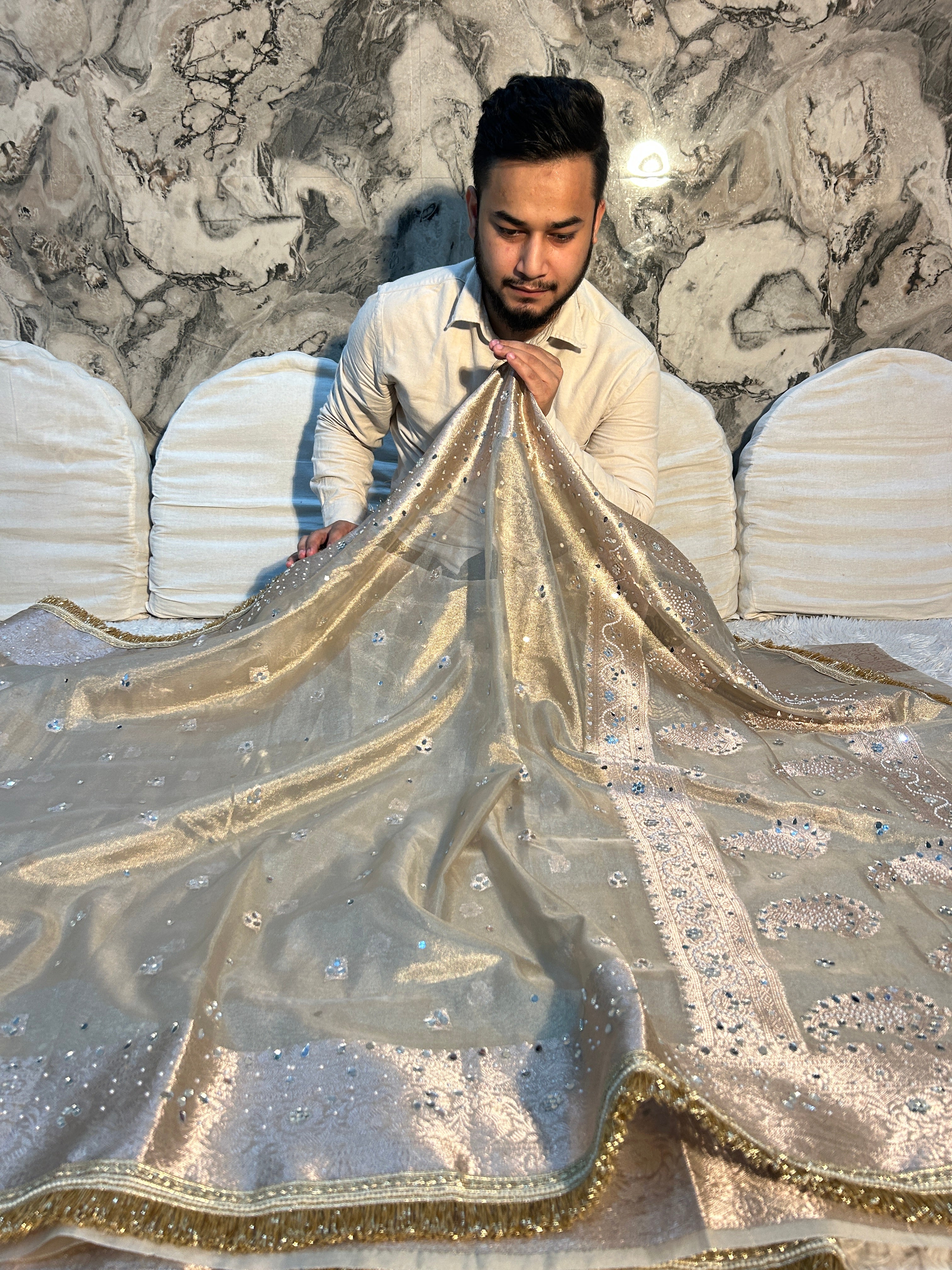 PREMIUM WATER ZARI BANARASI SOFT TISSUE SILK WITH MIRROR WORK DESIGNER SAREE