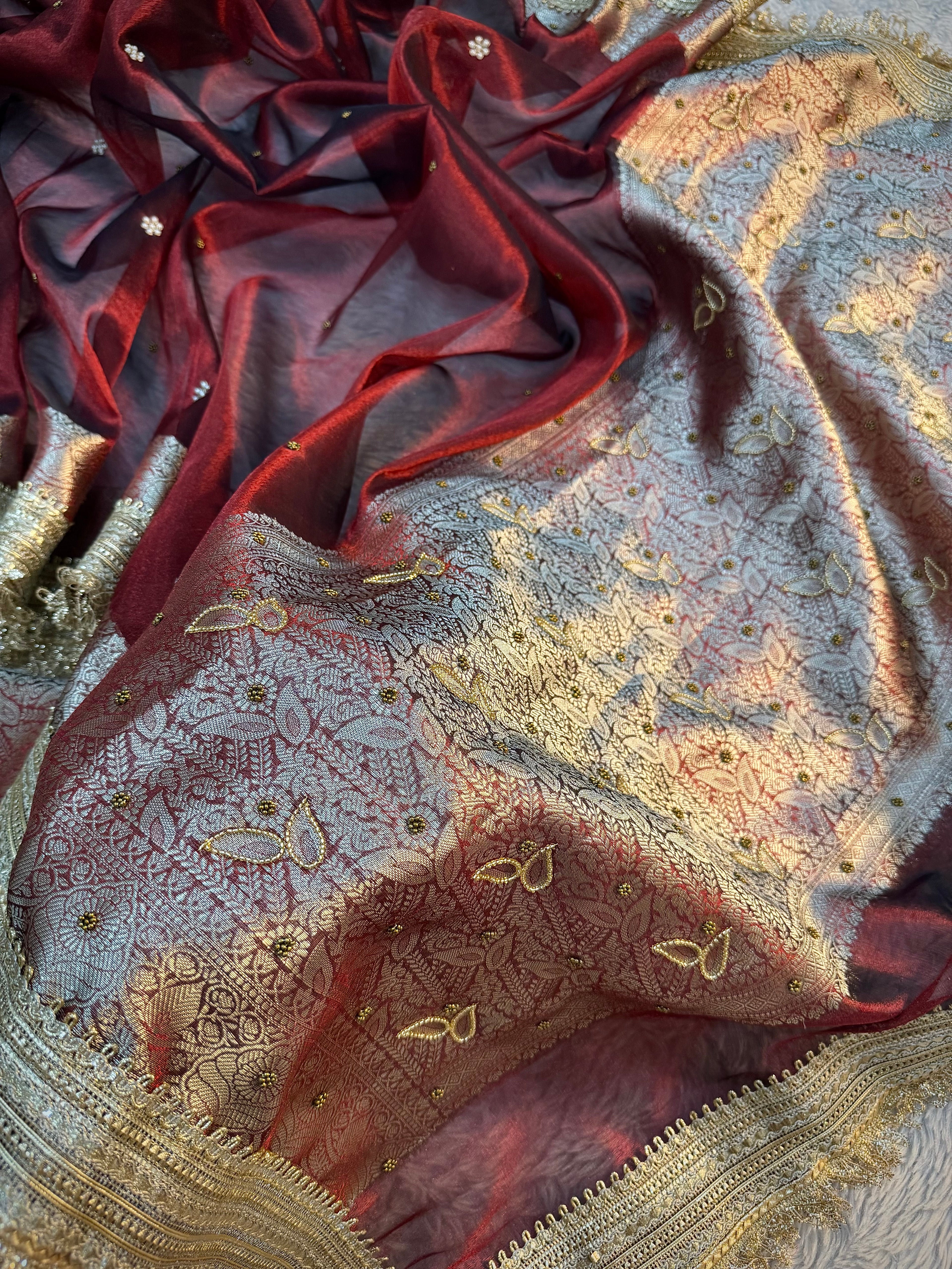LUXURIOUS MAROON SHADE SOFT TISSUE SILK WITH PREMIUM HAND EMBROIDERY AND LACE WORK