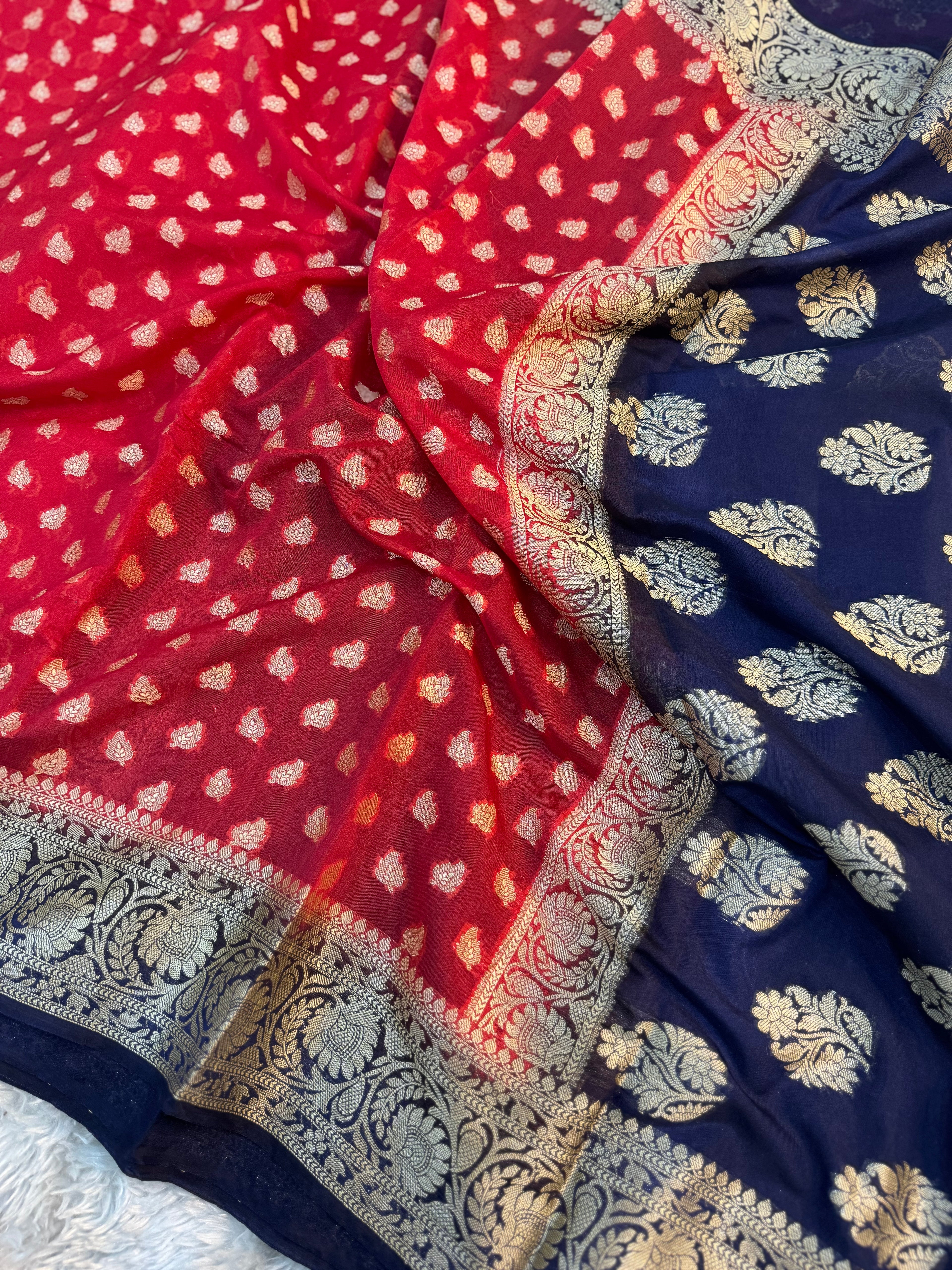RED AND NEVY BLUE SHADE GEORGETTE BANARASI SAREE