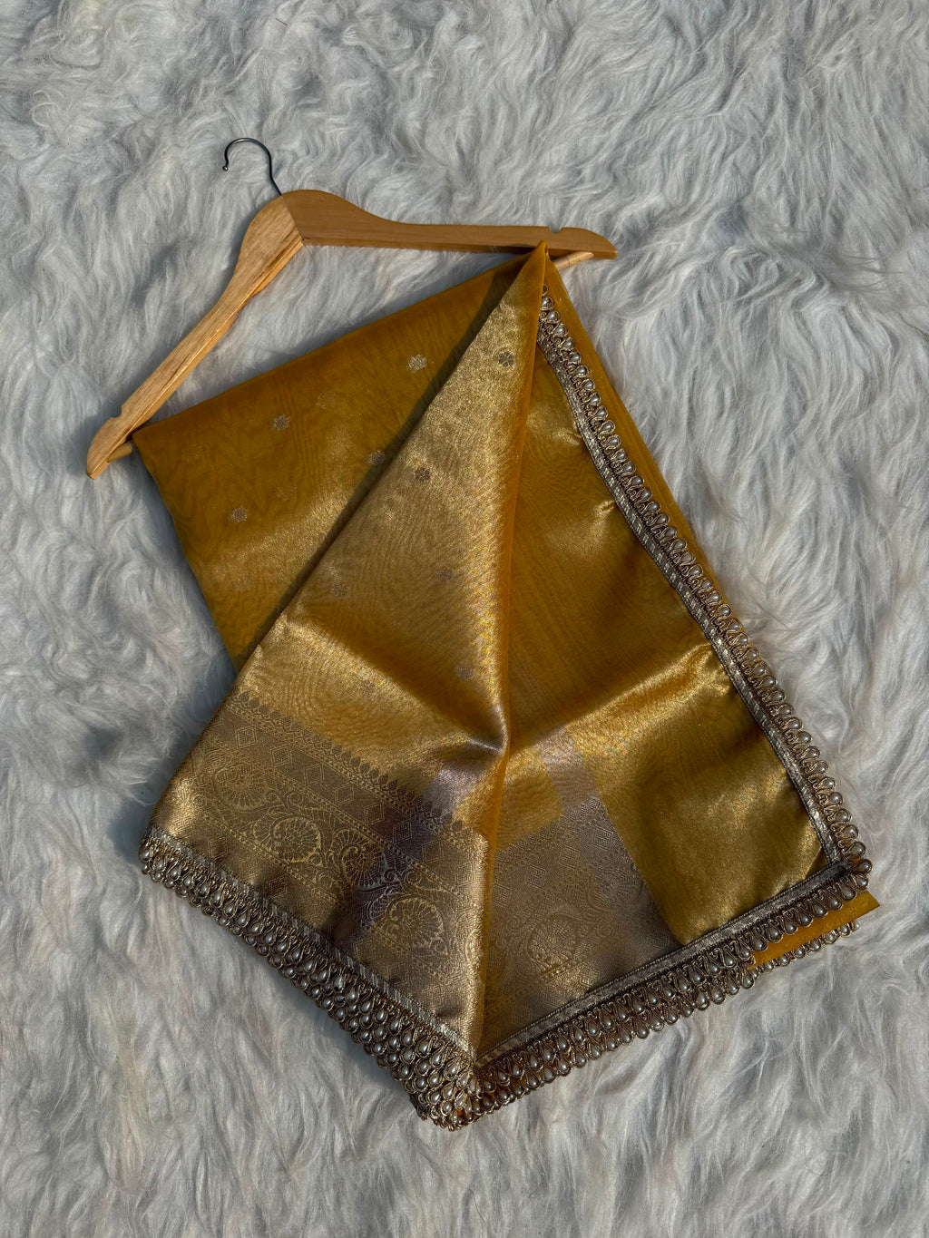 PREMIUM YELLOW DESIGNER TISSUE SILK BOOTI SAREE WITH LACE ATTACHED