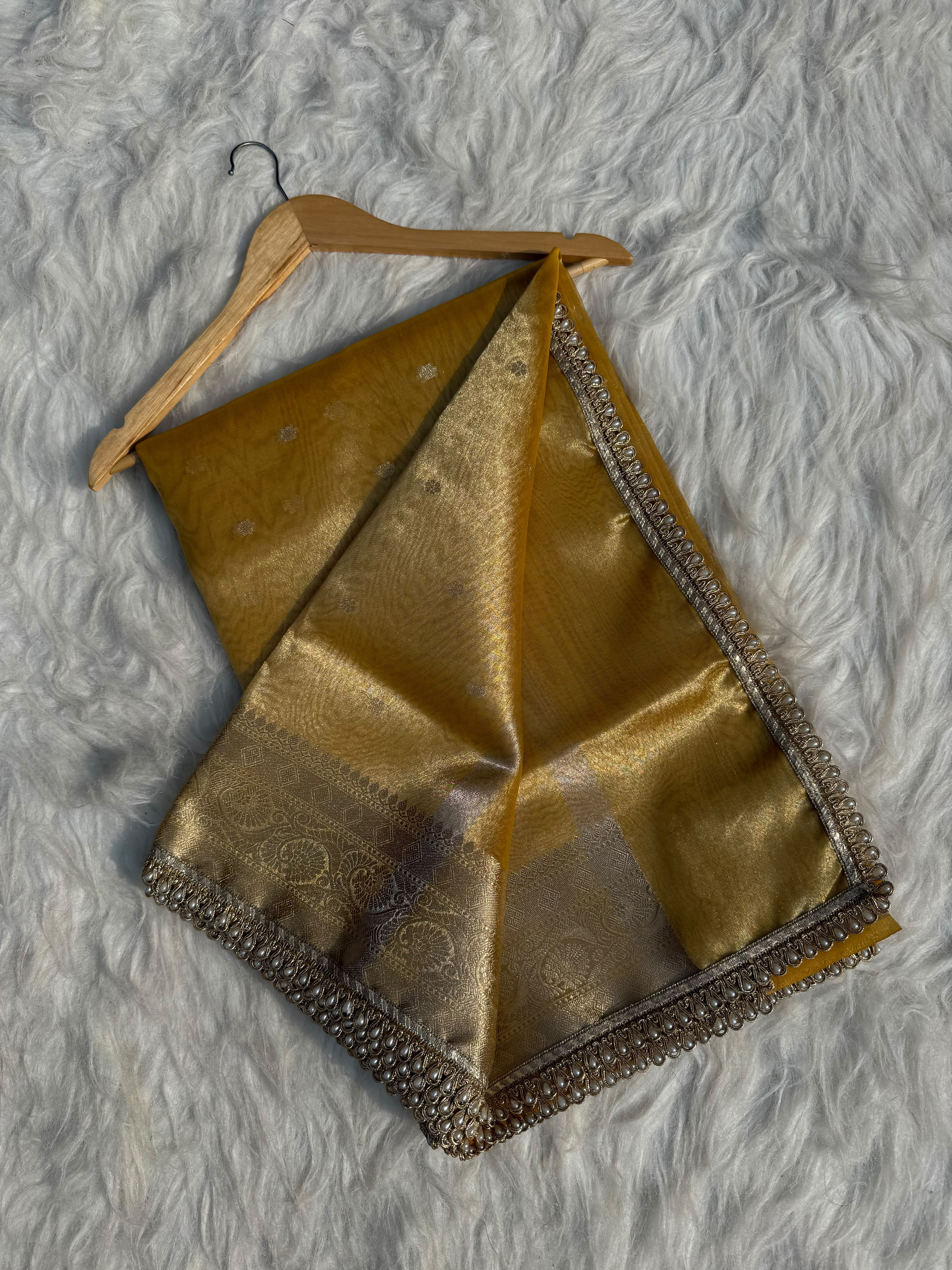 PREMIUM YELLOW DESIGNER TISSUE SILK BOOTI SAREE WITH LACE ATTACHED