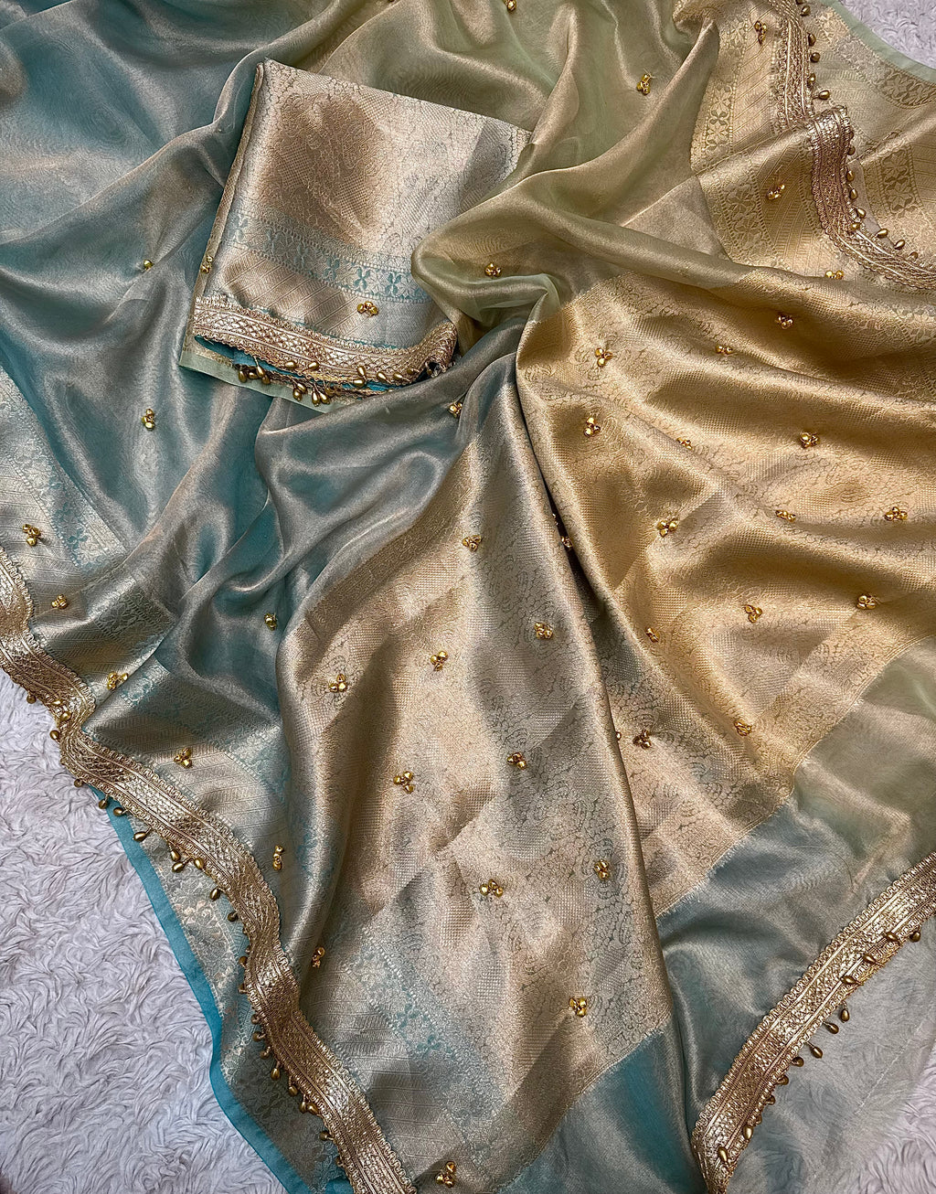 PREMIUM LIGHT PISTA & SKY BLUE SOFT BANARASI TISSUE SILK GHUNGROO WORKS SAREE
