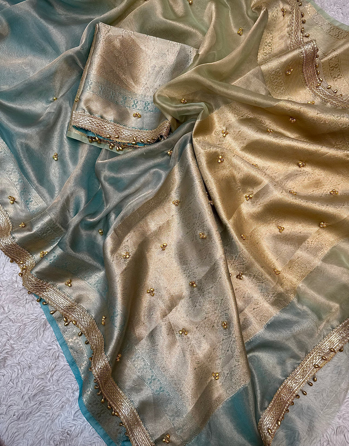 PREMIUM LIGHT PISTA & SKY BLUE SOFT BANARASI TISSUE SILK GHUNGROO WORKS SAREE