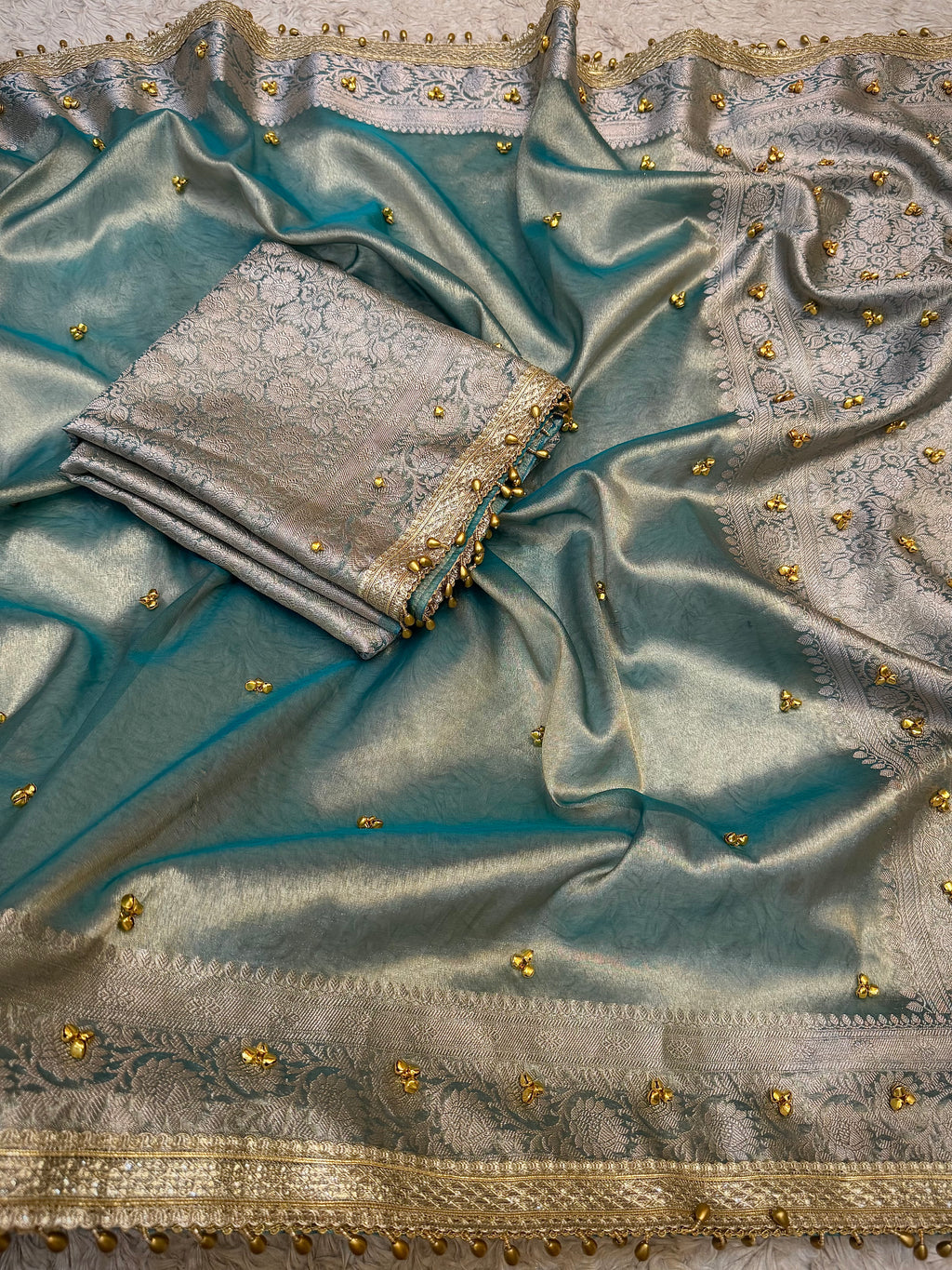 PREMIUM AQUA BLUE SHADE GHUNGROO WORK SOFT BANARASI TISSUE SILK DESIGNER SAREE