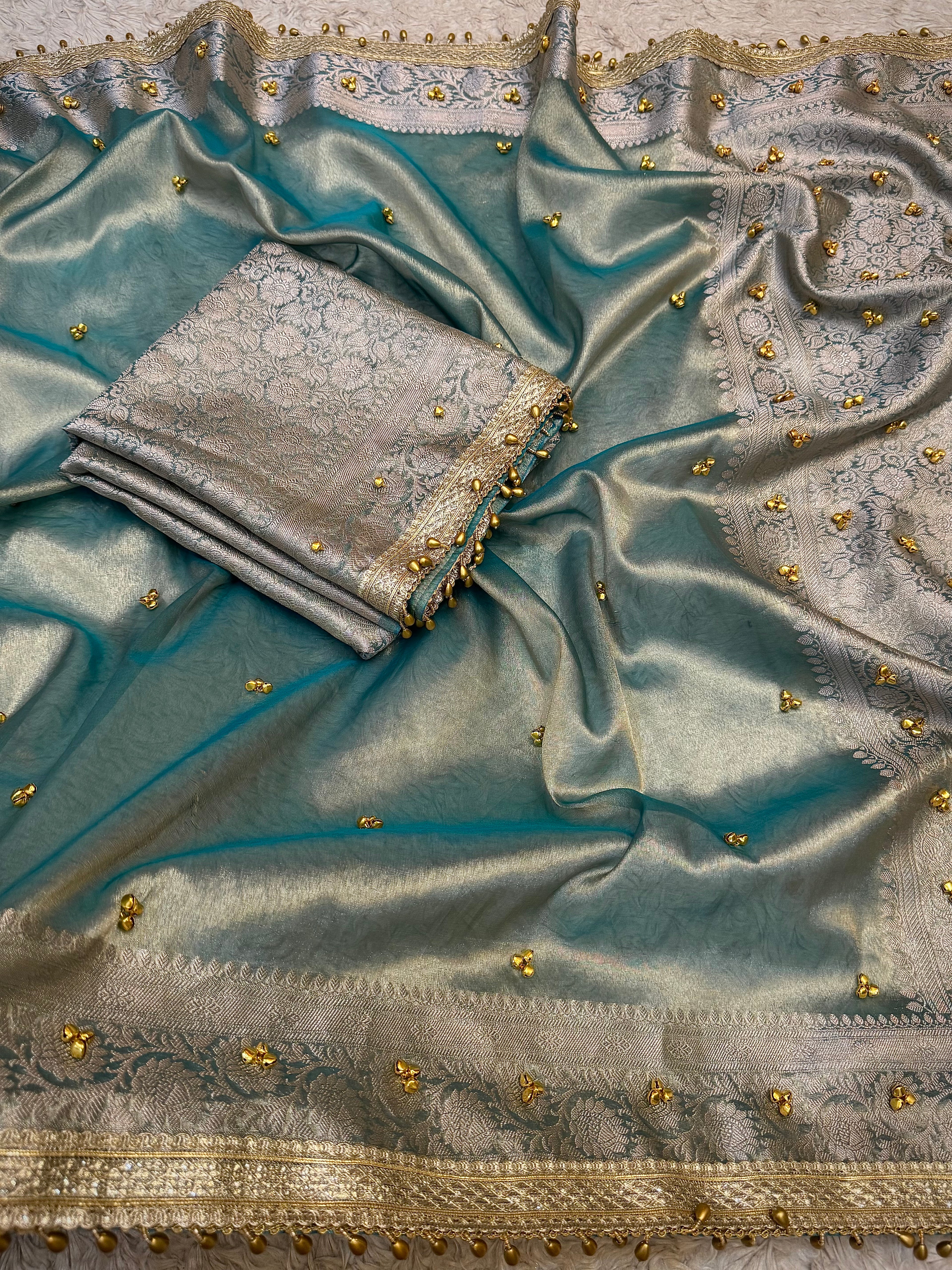 PREMIUM AQUA BLUE SHADE GHUNGROO WORK SOFT BANARASI TISSUE SILK DESIGNER SAREE