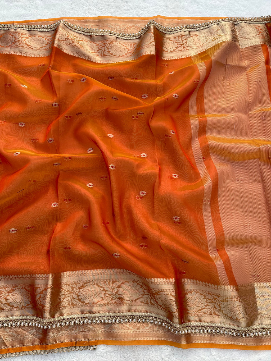 PREMIUM RUST SHADE DESIGNER TISSUE SILK BOOTI SAREE WITH LACE ATTACHED