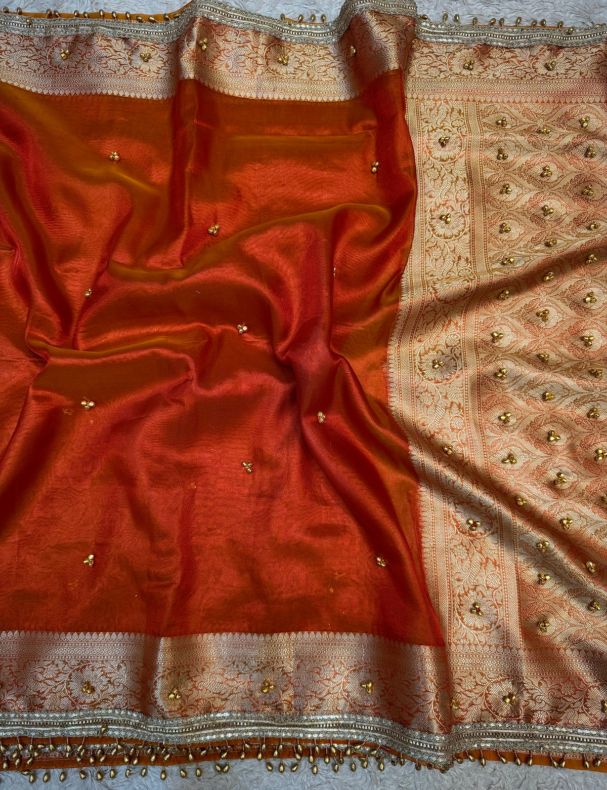 PREMIUM RUST SHADE GHUNGROO WORK SOFT BANARASI TISSUE SILK DESIGNER SAREE