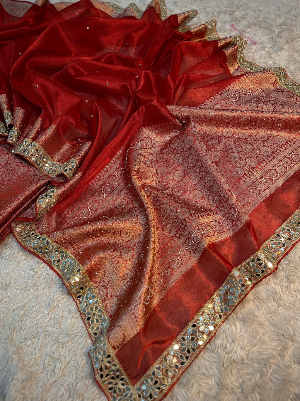 STONE WORK+MIRROR WORK BRIDAL RED SOFT TISSUE SILK DESIGNER SAREE