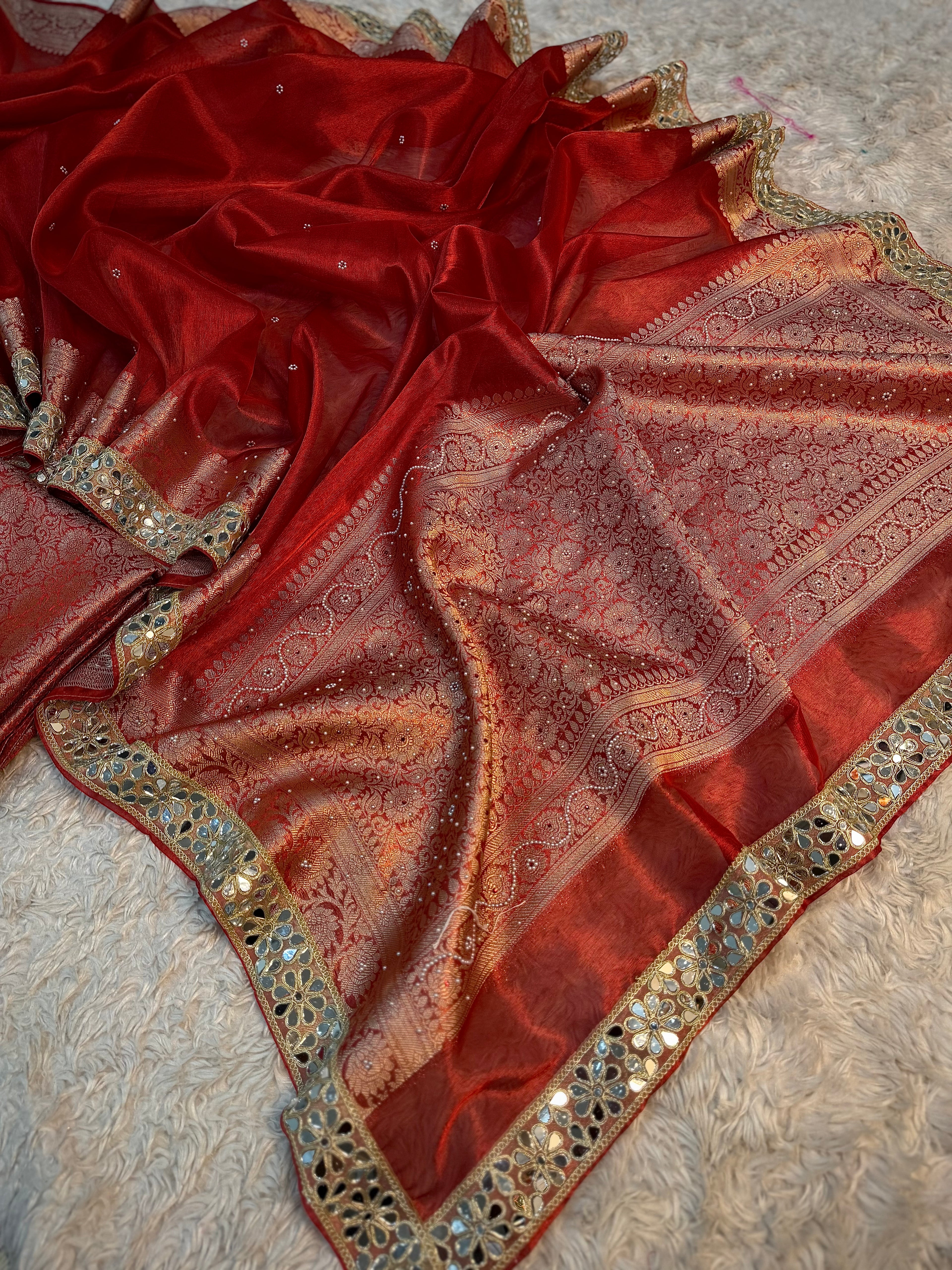 STONE WORK+MIRROR WORK BRIDAL RED SOFT TISSUE SILK DESIGNER SAREE