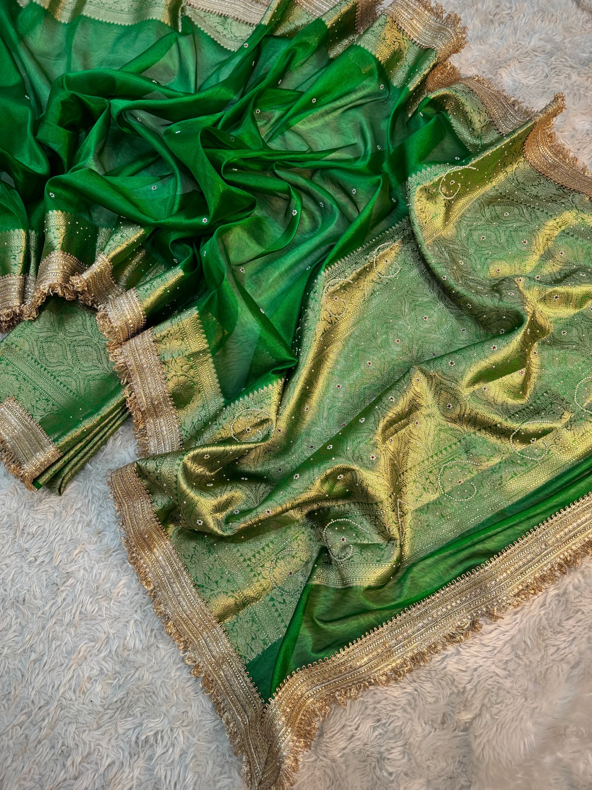 PREMIUM EMERALD GREEN SHADE SOFT TISSUE SILK SAREE WITH LACE ATTACHED