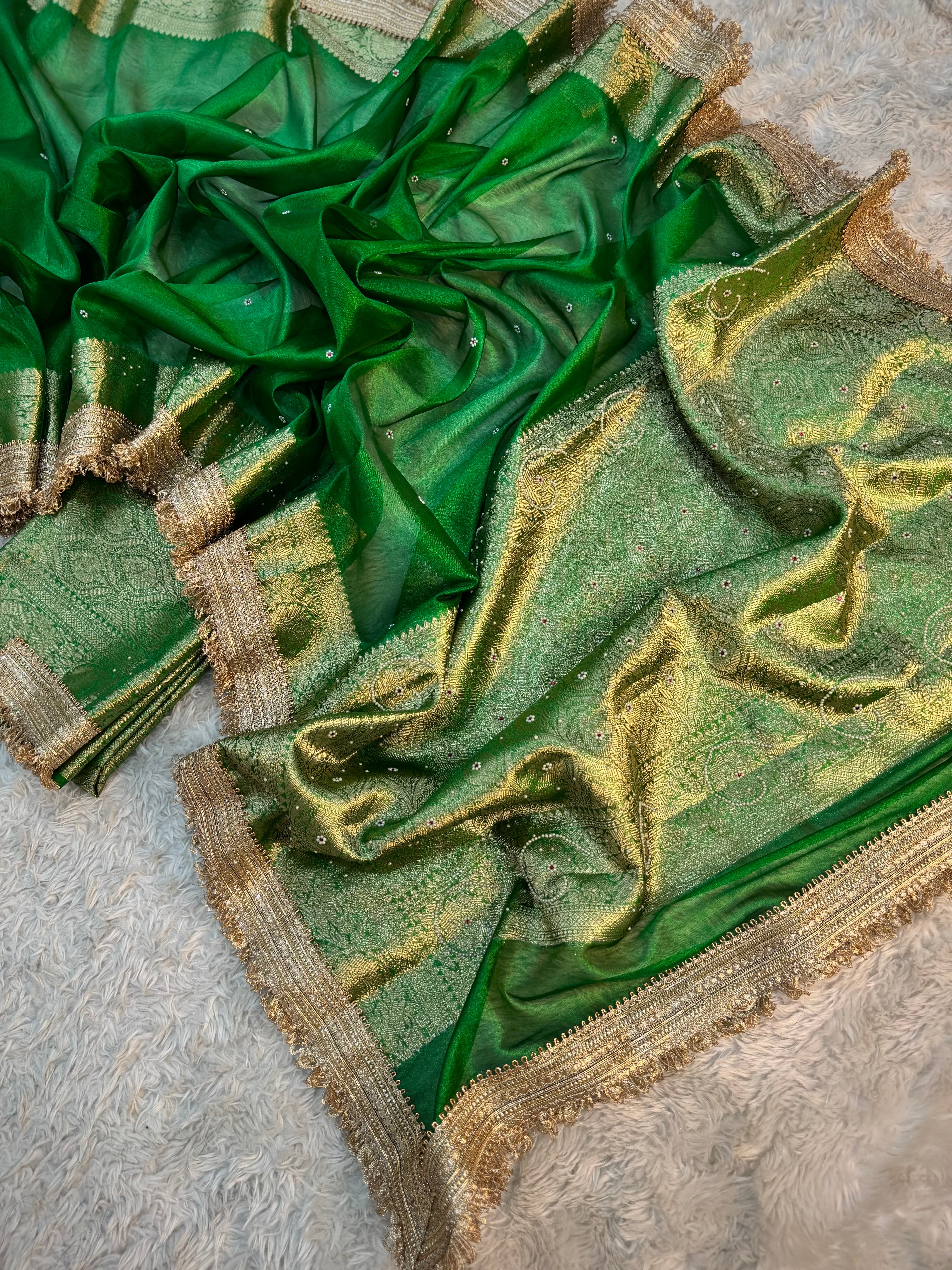 PREMIUM EMERALD GREEN SHADE SOFT TISSUE SILK SAREE WITH LACE ATTACHED