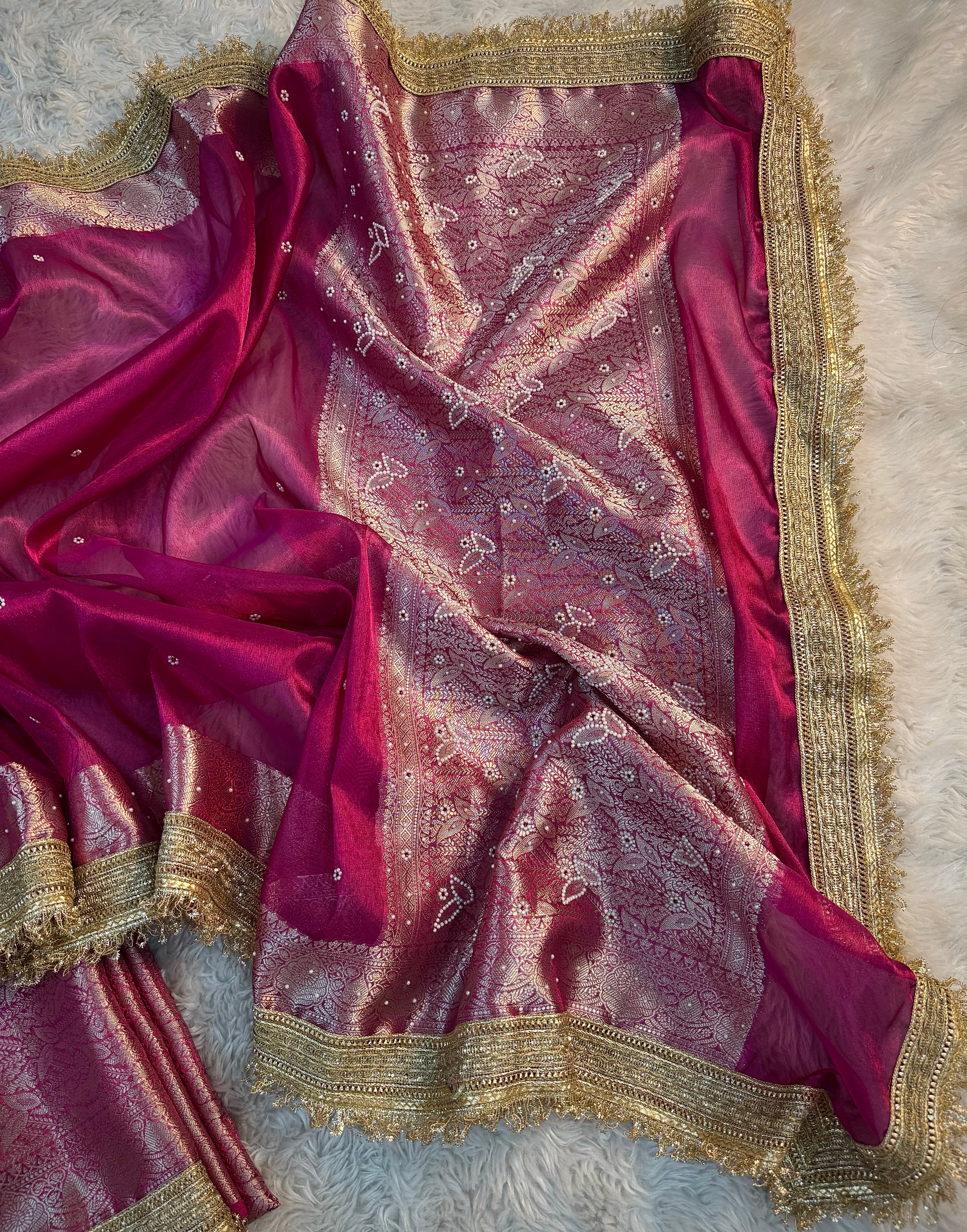 LUXURIOUS RANI SHADE SOFT TISSUE SILK SAREE HAND STONE WORK WITH LACE ATTACHED