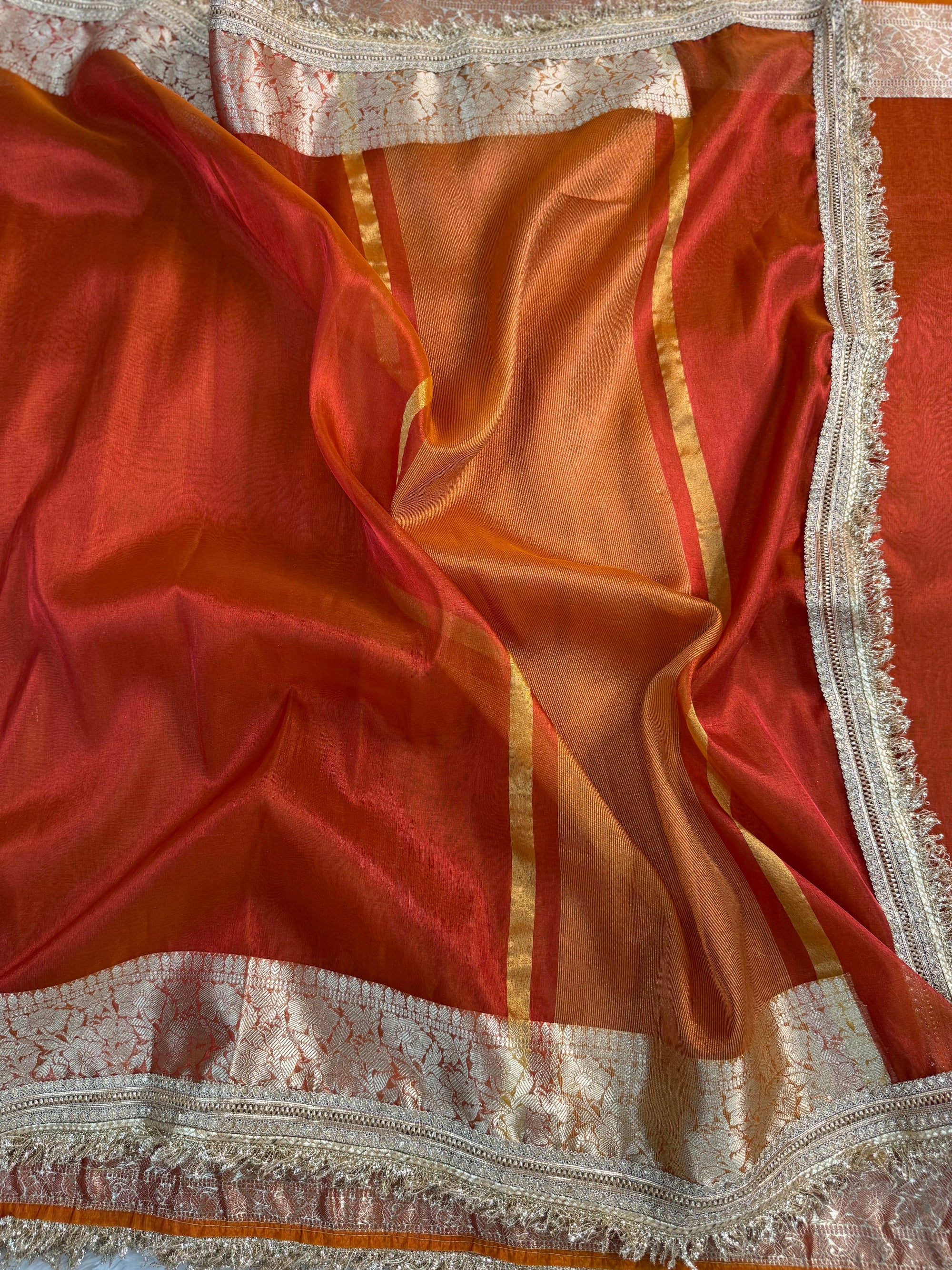 PREMIUM RADDISH RUST SOFT TISSUE SILK SAREE WITH LACE ATTACHED