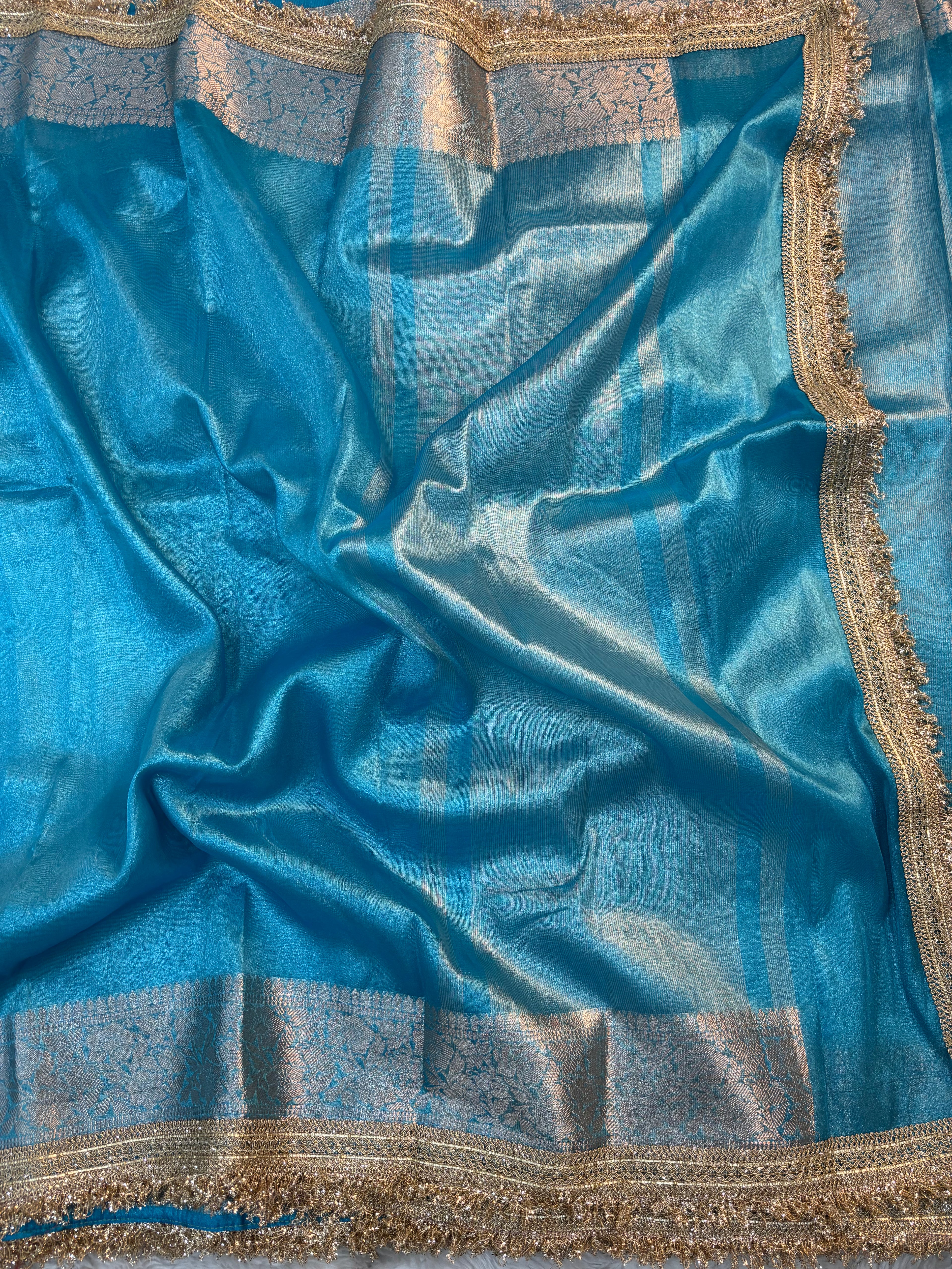 LIGHT BLUE SHADE SOFT TISSUE SILK SAREE WITH LACE ATTACHED