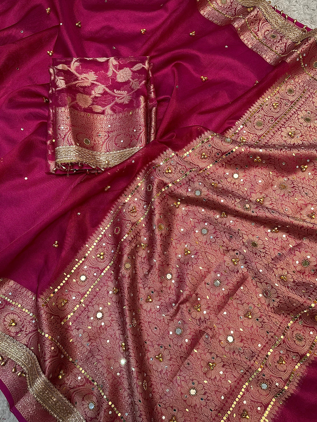 PREMIUM RANI SHADE SOFT BANARASI TISSUE SILK GHUNGROO WORK WITH MIRROR WORK DESIGNER SAREE