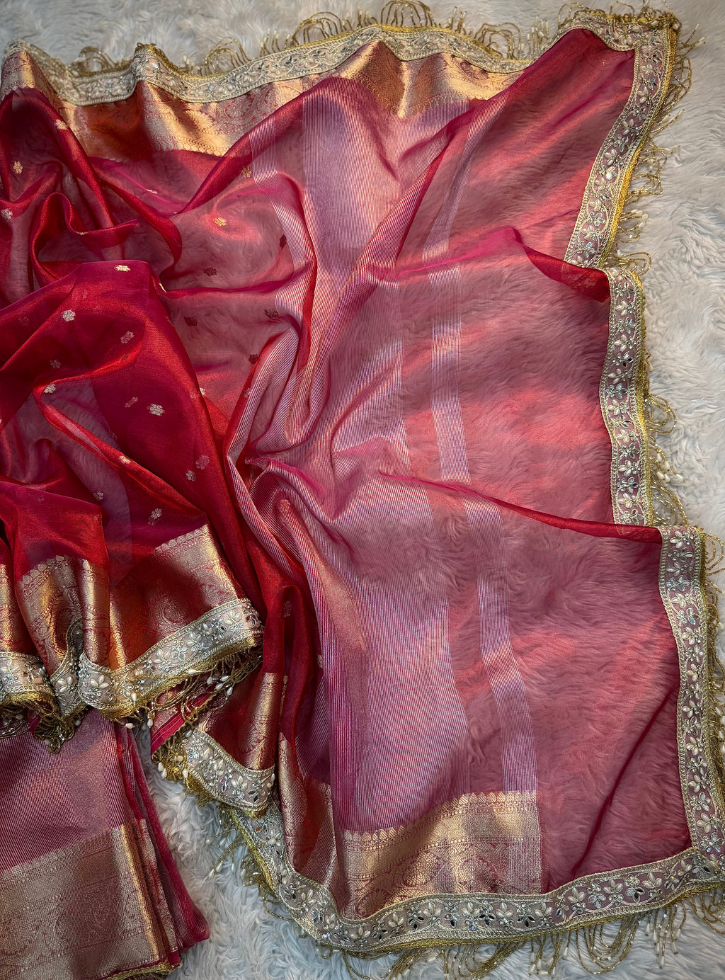 PREMIUM PINK RED SHADE DESIGNER SOFT TISSUE SILK BOOTI SAREE WITH MAHARANI LACE ATTACHED