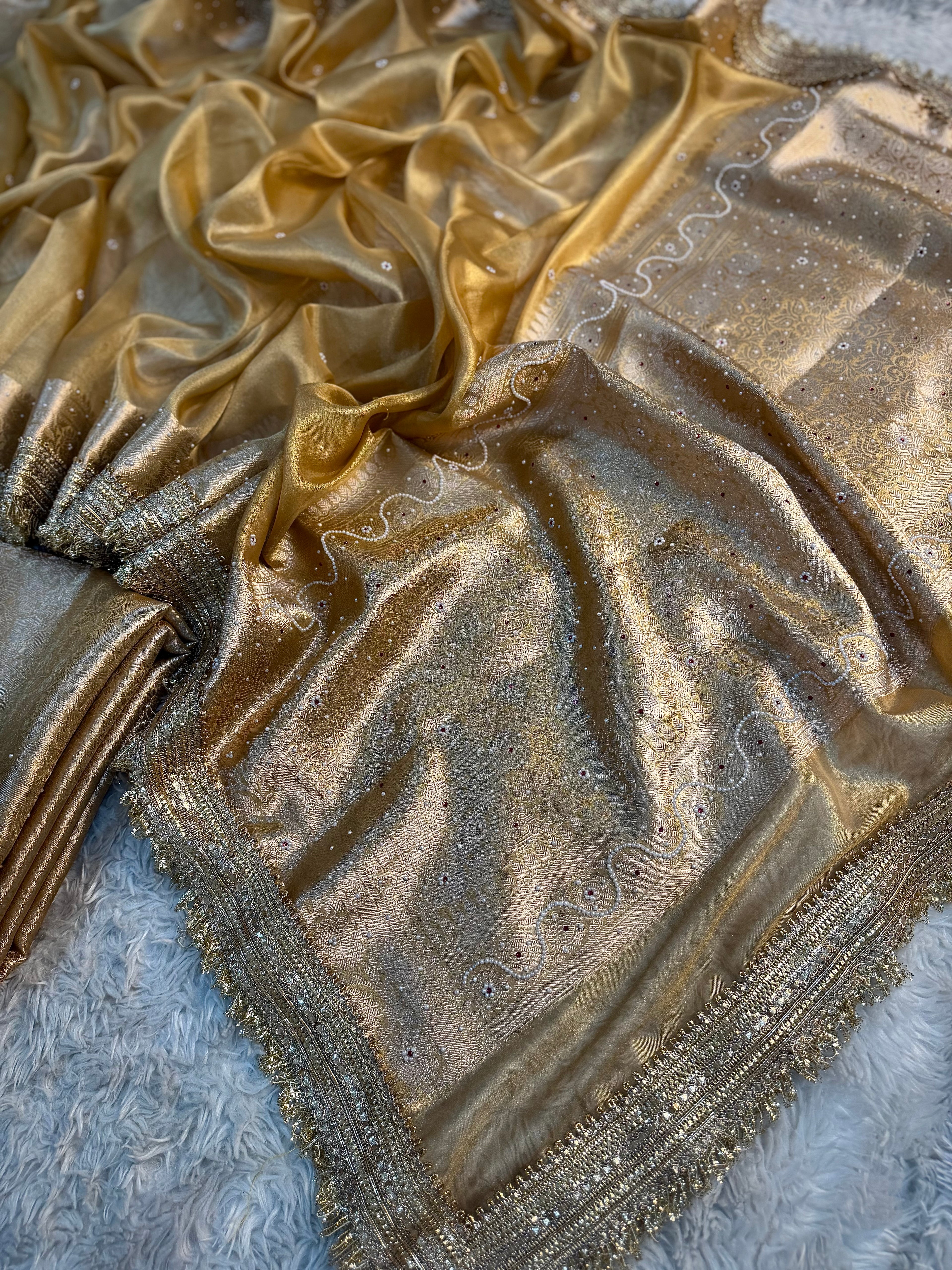 PREMIUM LIGHT GOLDEN SHADE SOFT TISSUE SILK SAREE DESIGNER HAND STONE WORK WITH LACE ATTACHED