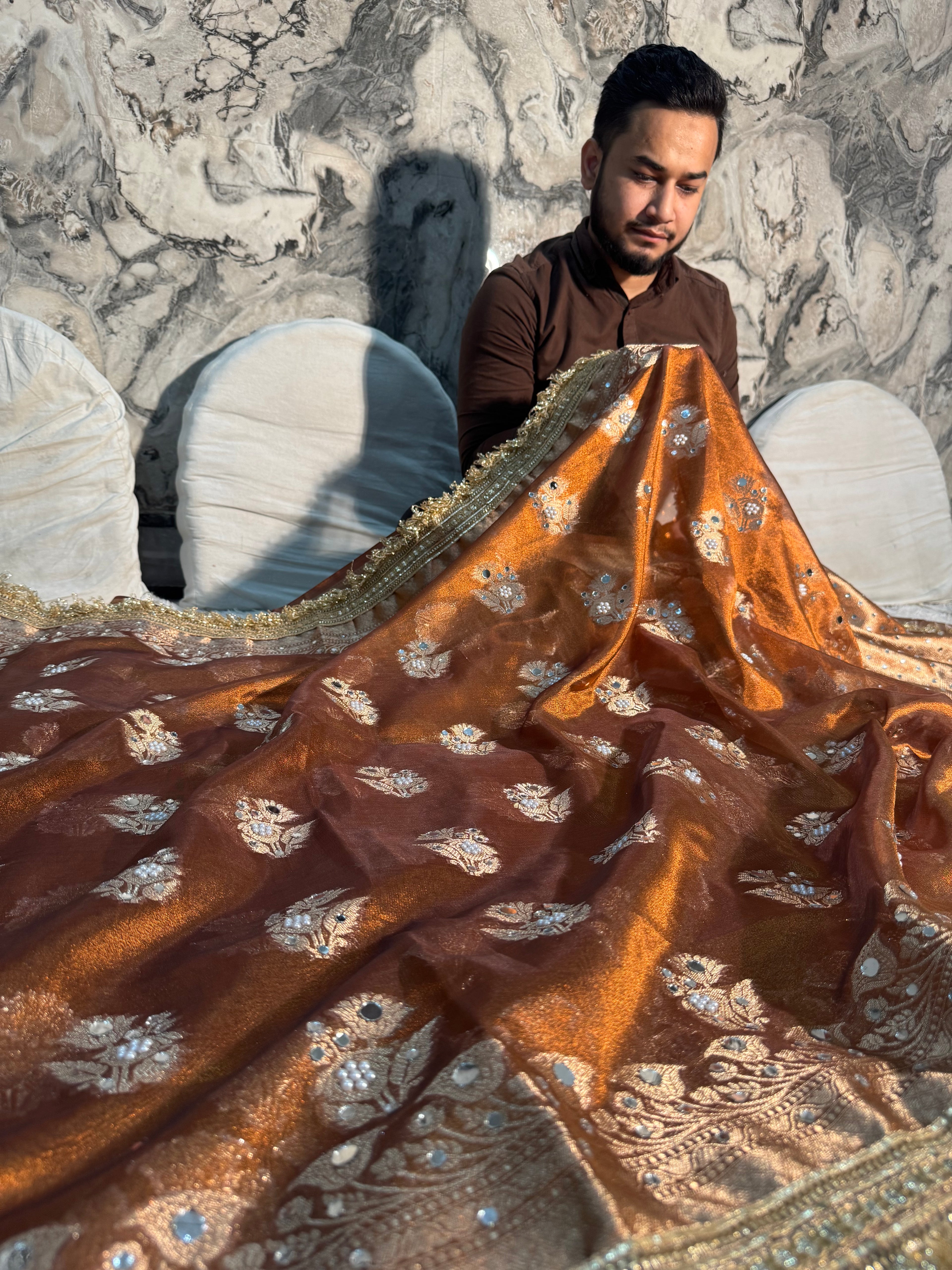 EXCLUSIVE COPPER SHADE SOFT TISSUE SILK MIRROR WORK DESIGNER SAREE