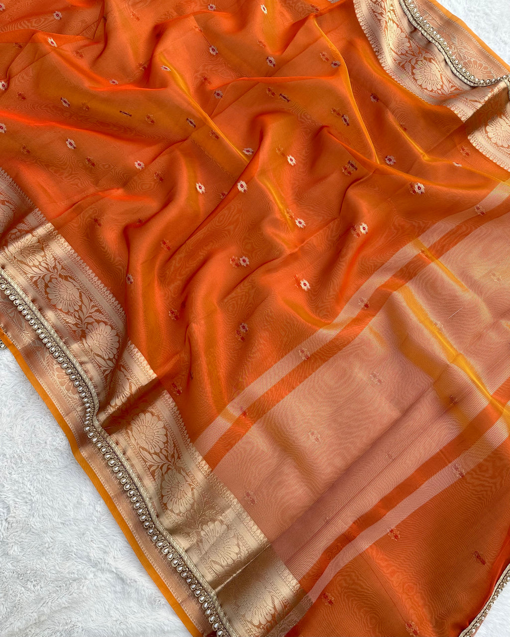 PREMIUM RUST SHADE DESIGNER TISSUE SILK BOOTI SAREE WITH LACE ATTACHED