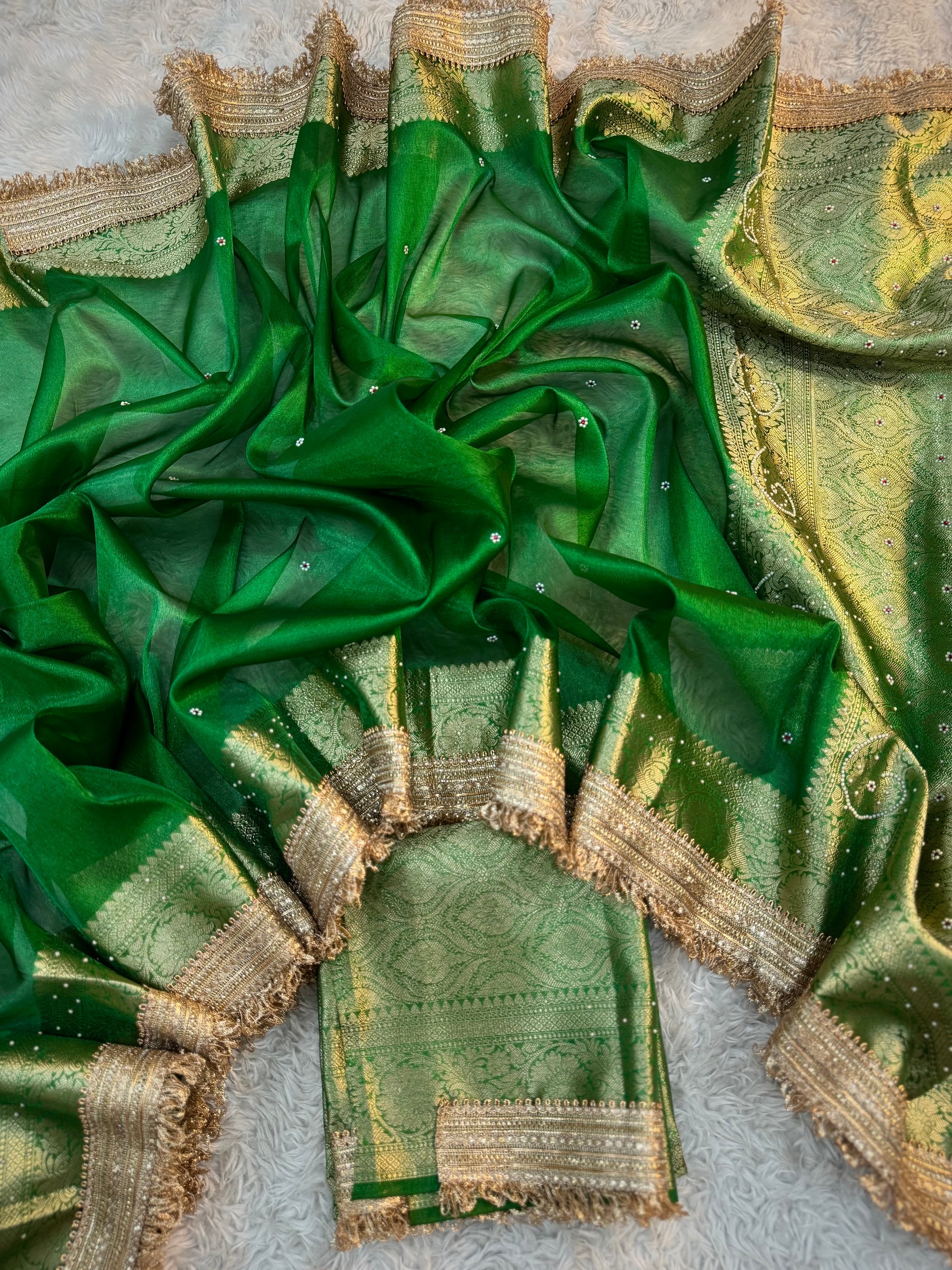 PREMIUM EMERALD GREEN SHADE SOFT TISSUE SILK SAREE WITH LACE ATTACHED