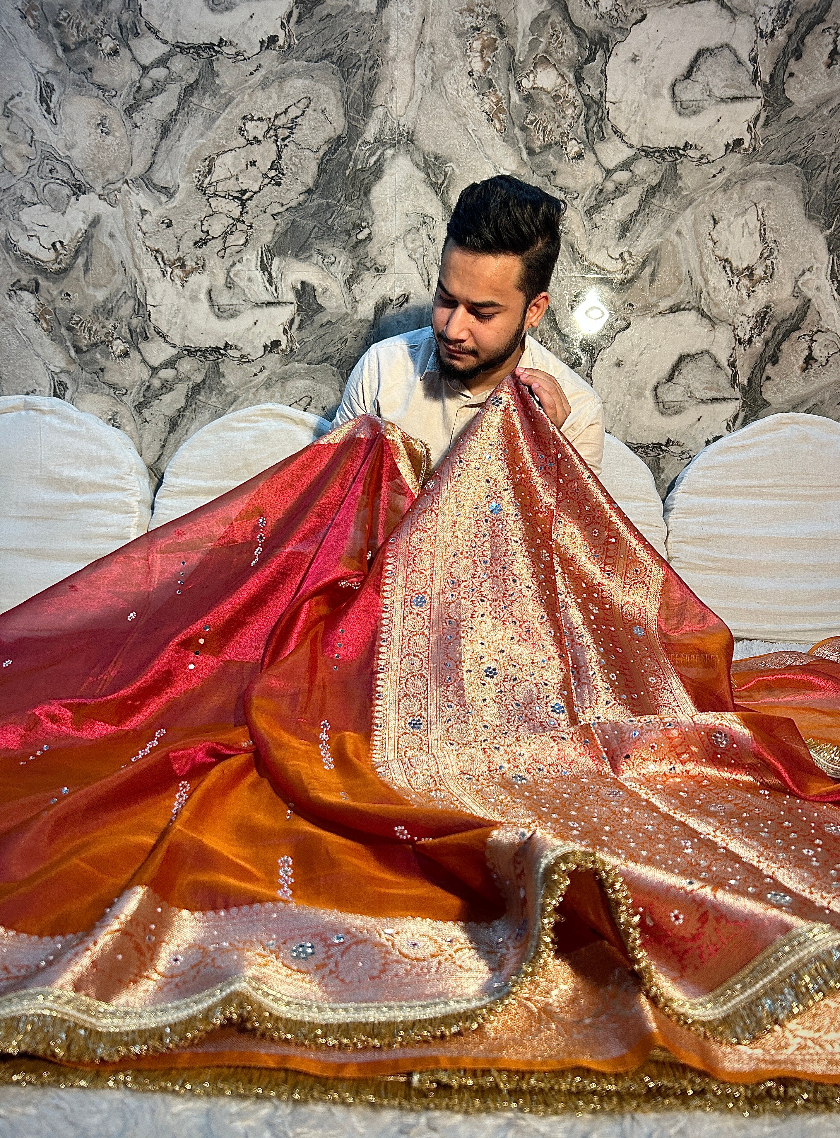 EXCLUSIVE PINK AND ORANGE SHADE SOFT TISSUE SILK MIRROR WORK DESIGNER SAREE