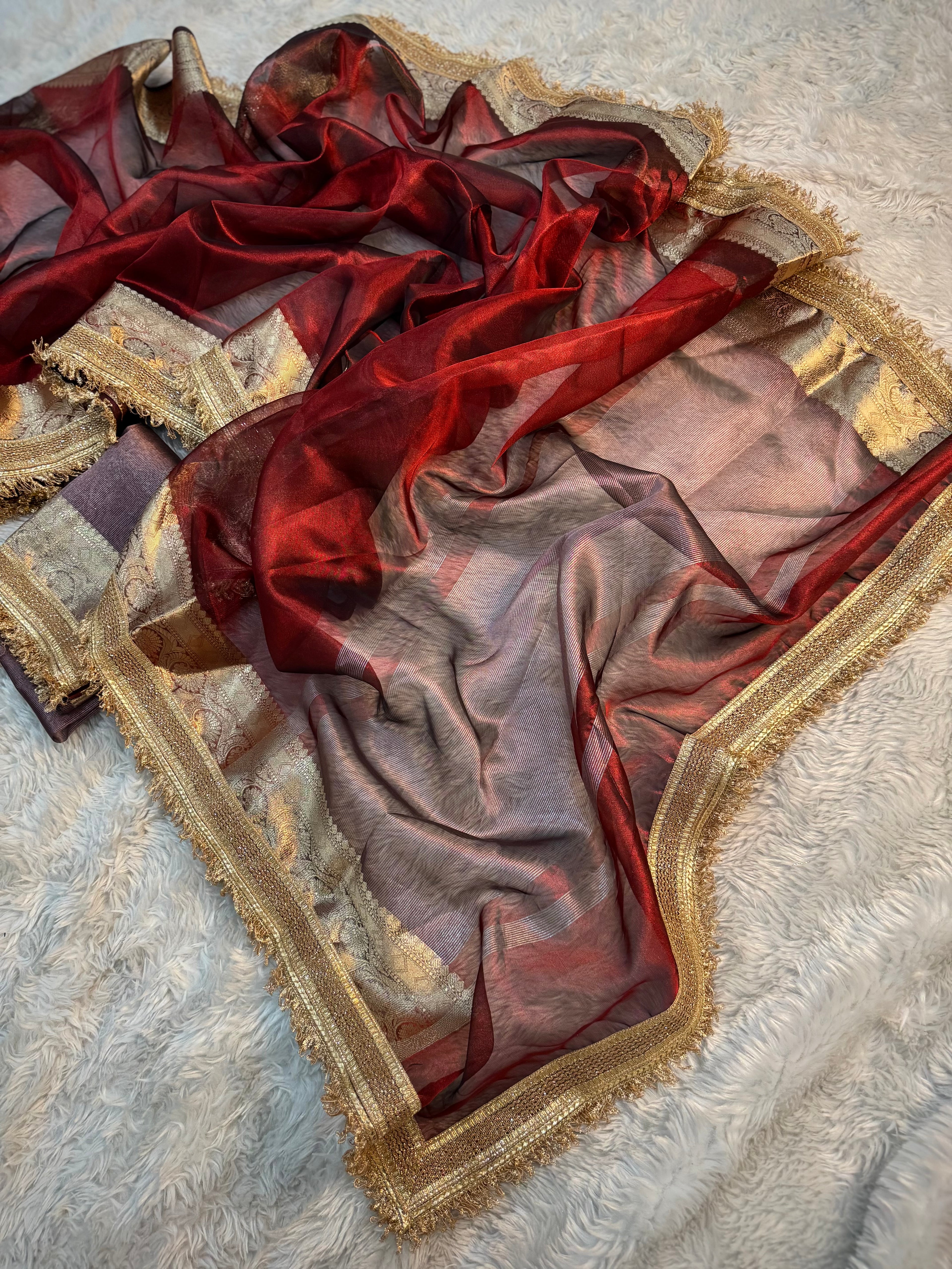 PREMIUM CARMINE RED SHADE SOFT TISSUE SILK SAREE WITH LACE ATTACHED