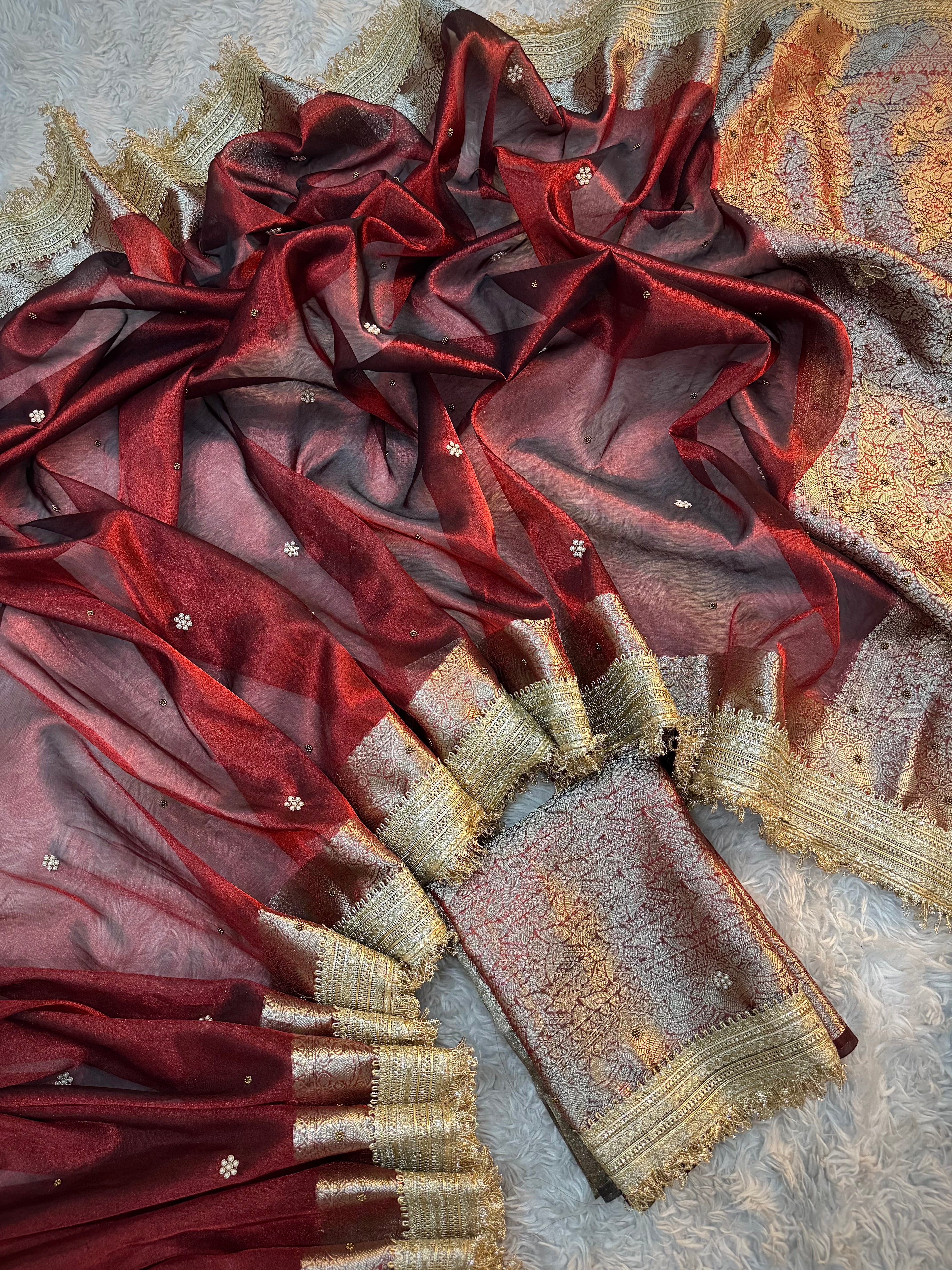 LUXURIOUS MAROON SHADE SOFT TISSUE SILK WITH PREMIUM HAND EMBROIDERY AND LACE WORK
