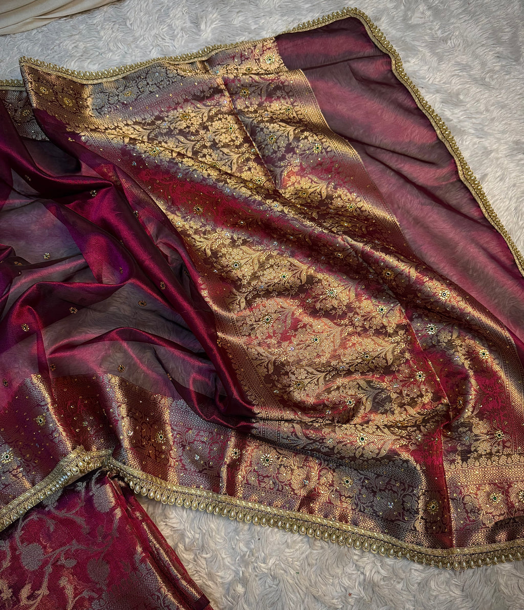EXCLUSIVE WINE SHADE SOFT TISSUE SILK SAREE DESIGNER HAND STONE WORK WITH LACE ATTACHED