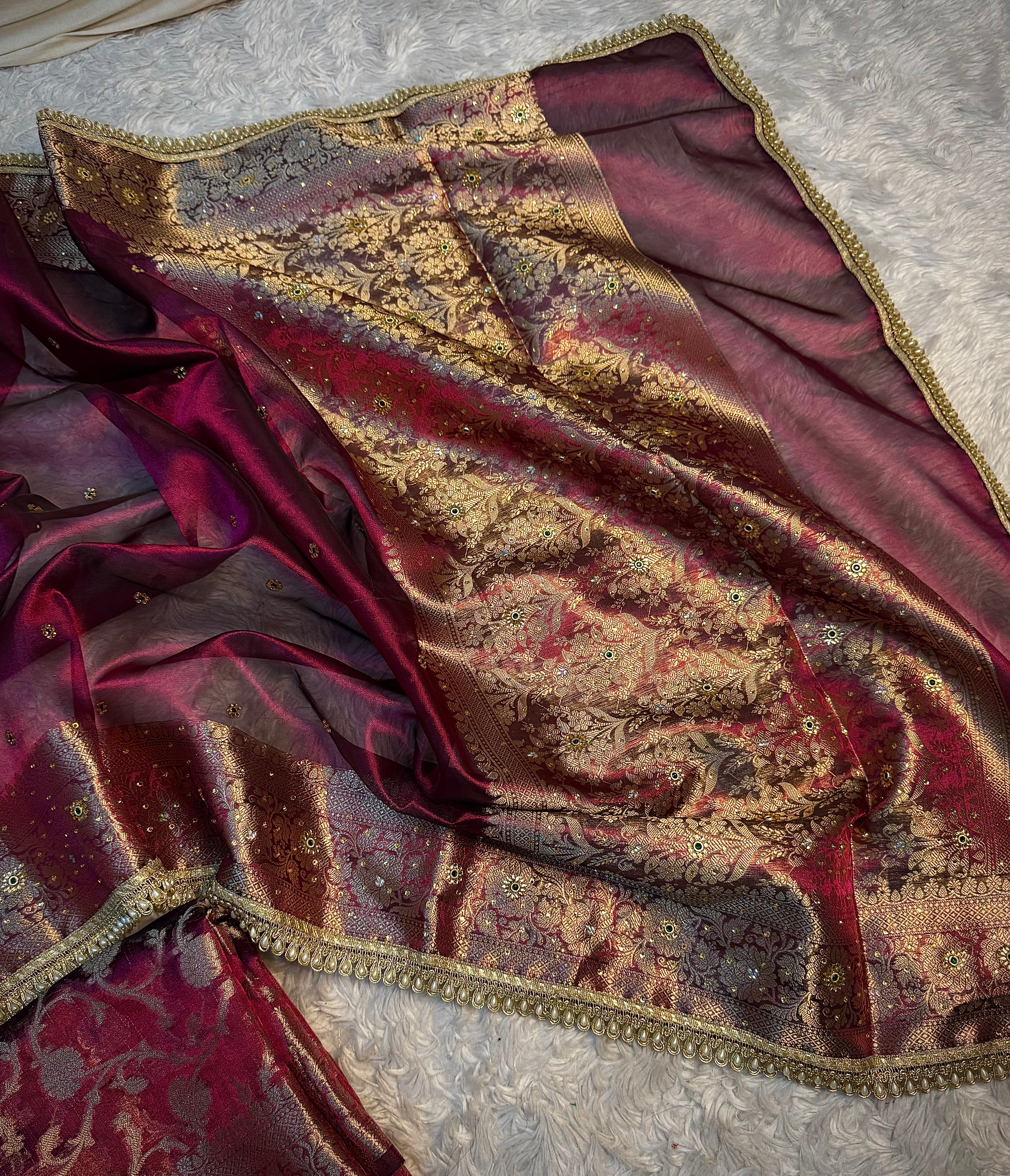 EXCLUSIVE WINE SHADE SOFT TISSUE SILK SAREE DESIGNER HAND STONE WORK WITH LACE ATTACHED
